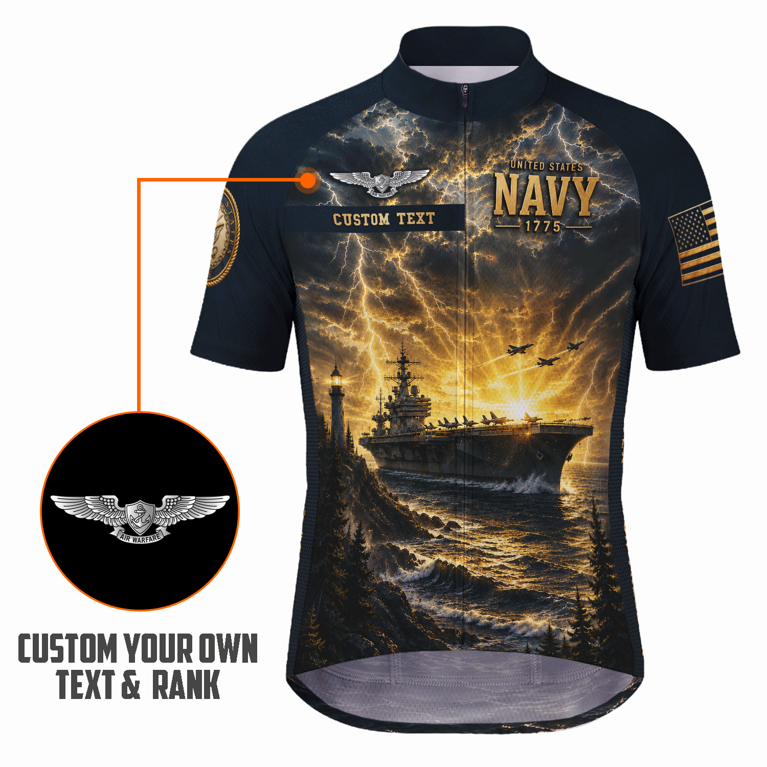 Custom Navy Cycling Jersey Personalized Veteran Name Rank Cycling Shirt