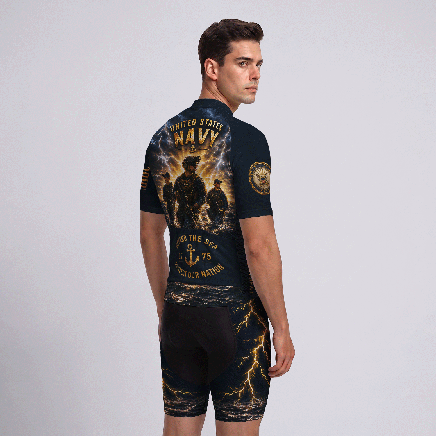 Custom Navy Cycling Jersey Personalized Veteran Name Rank Cycling Shirt