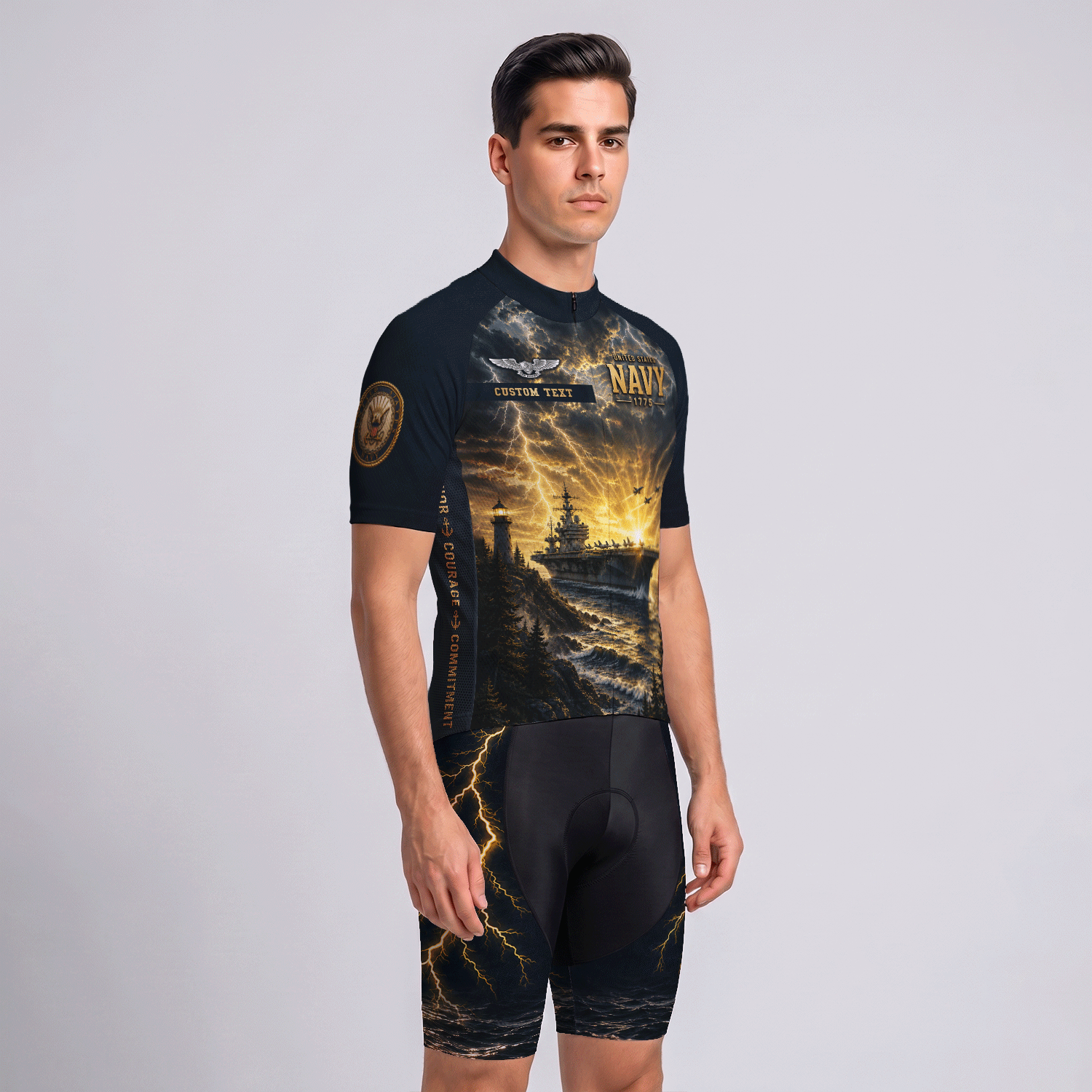 Custom Navy Cycling Jersey Personalized Veteran Name Rank Cycling Shirt