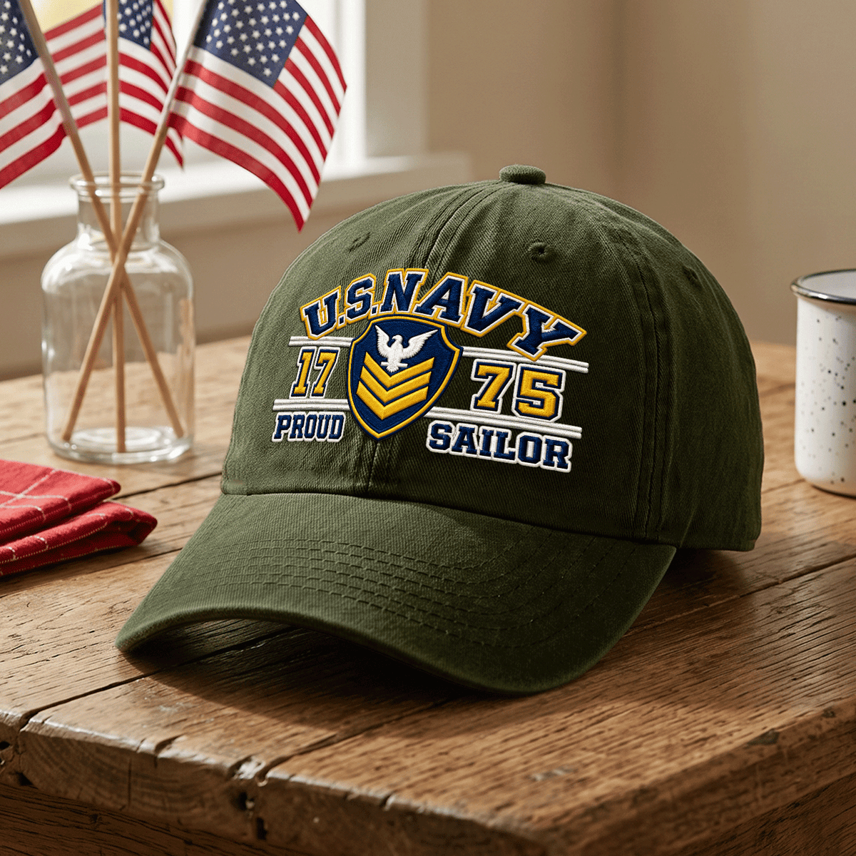Custom Navy Embroidered Cap Personalized Rank and Custom Text