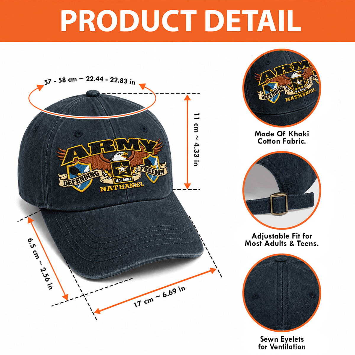 Custom Army Veteran Washed Cap Personalized Military Rank and Text