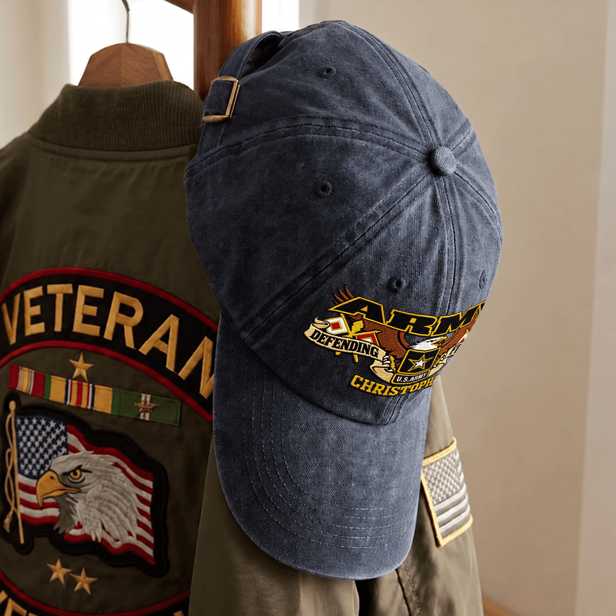Custom Army Veteran Washed Cap Personalized Military Rank and Text