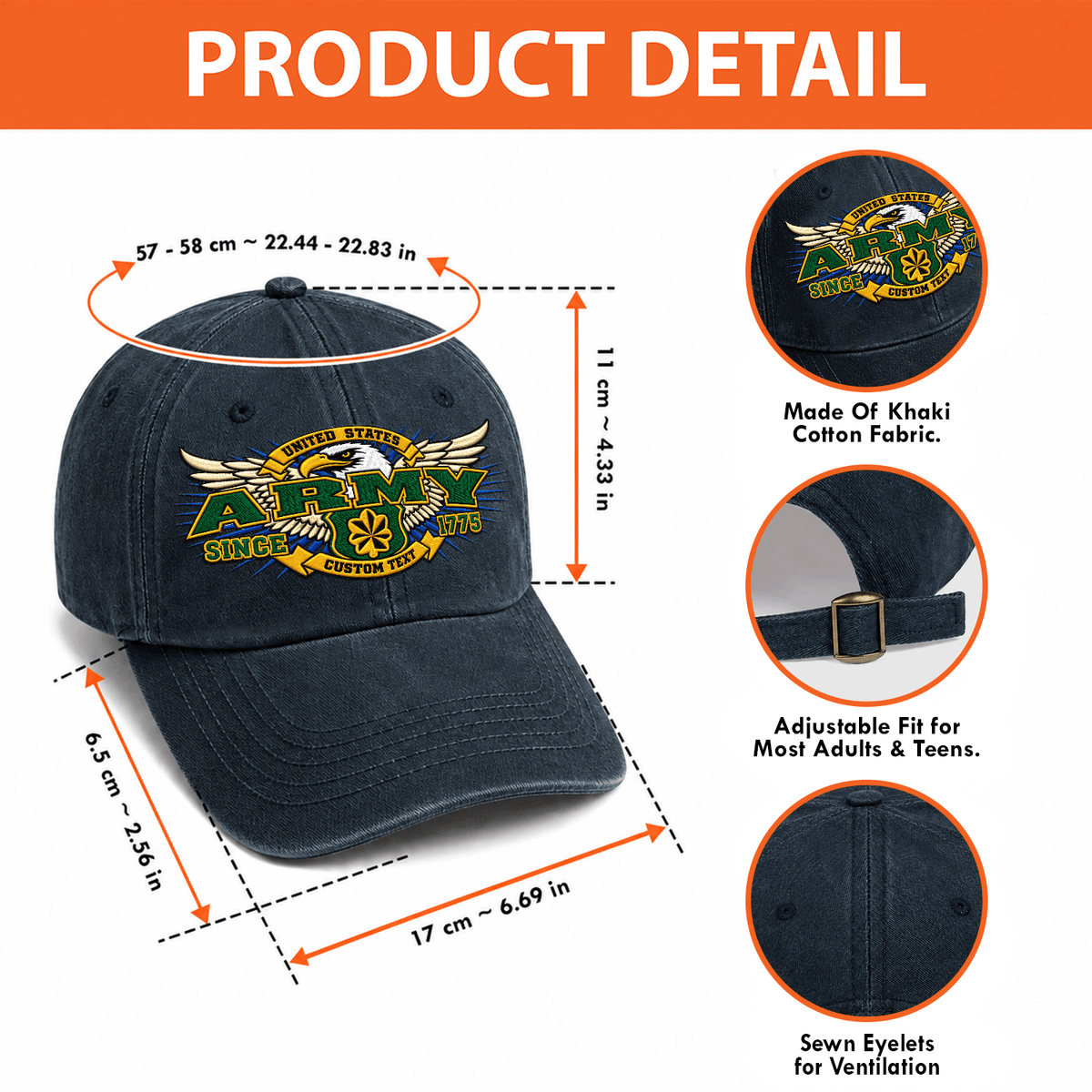 Personalized U.S. Army Cotton Cap Custom Rank and Text
