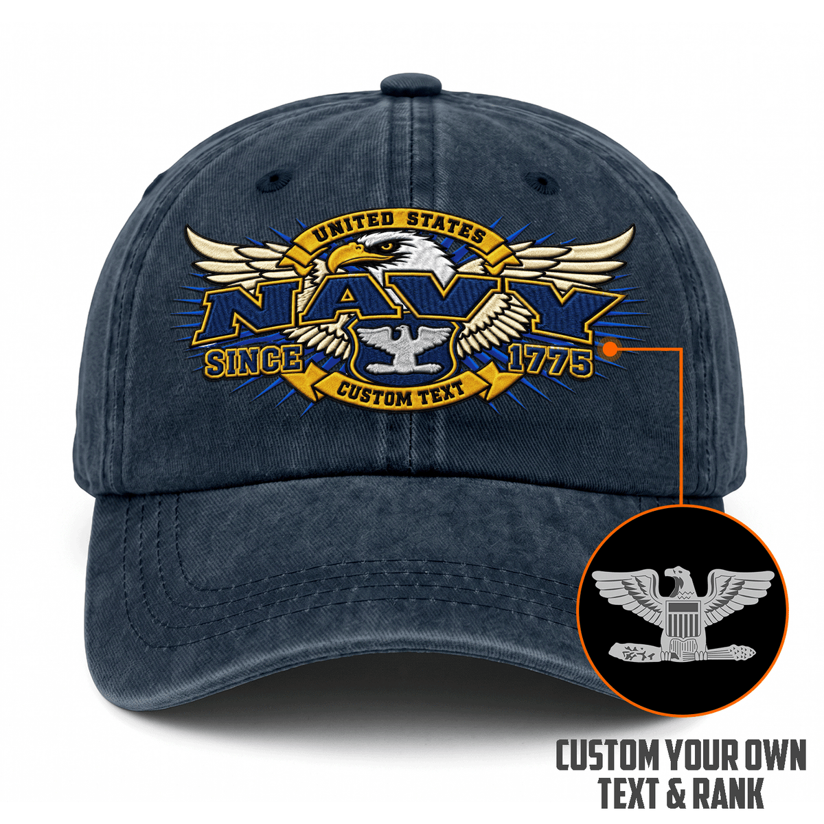 Personalized Navy Washed Hat Custom Military Rank and Text