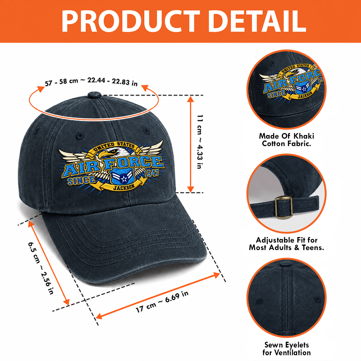 Custom Air Force Embroidered Cap Personalized Rank and Custom Text