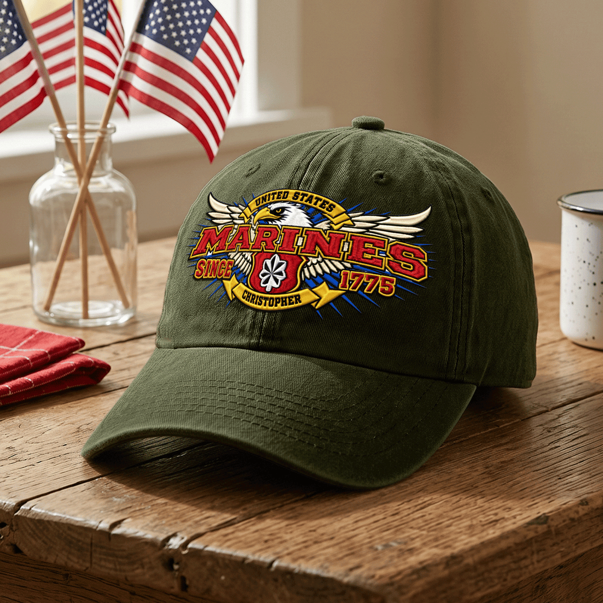 U.S. Marine Corps Washed Cap Personalized Rank Text Military Gift