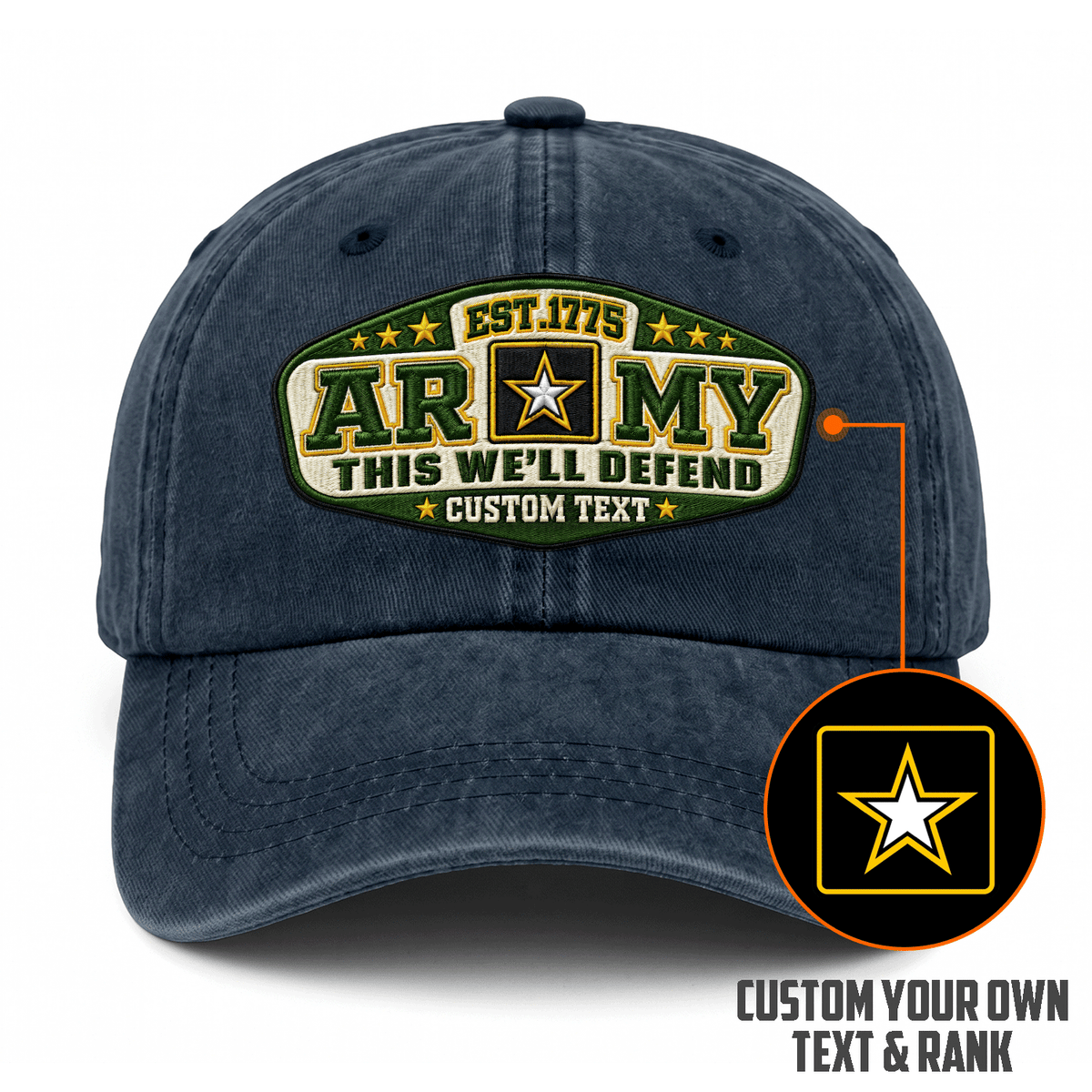 Custom Army Embroidered Cap Personalized Rank and Custom Text