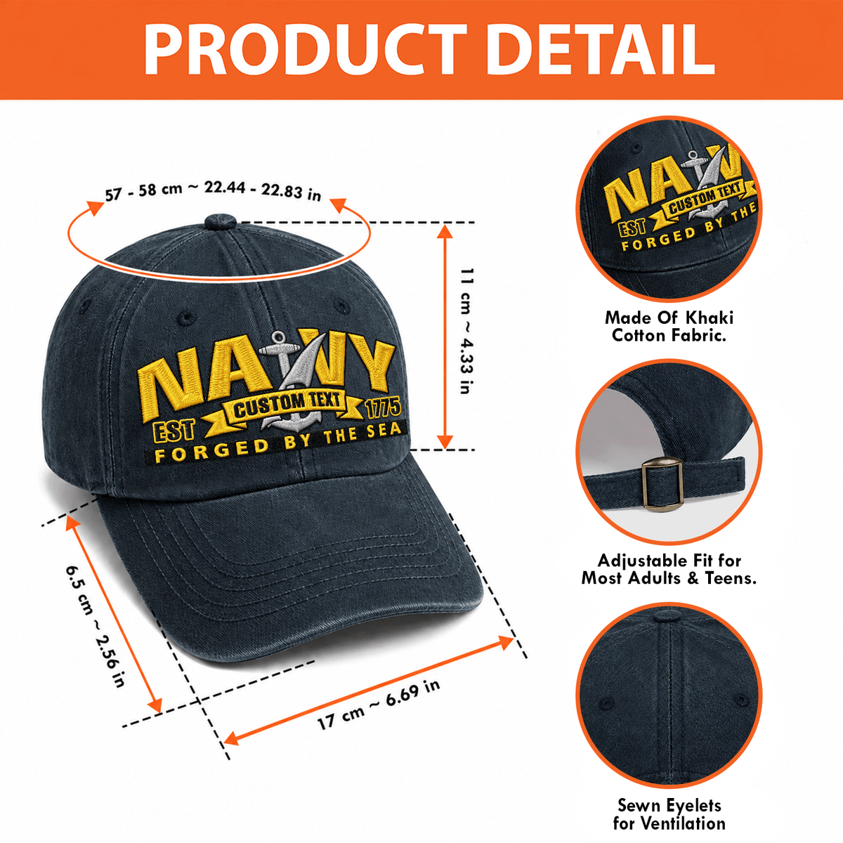 U.S. Navy Embroidered Cap Custom Rank Text Veteran Gift