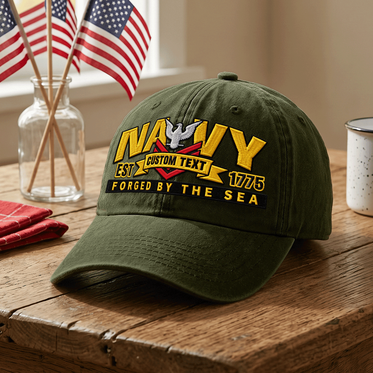 U.S. Navy Embroidered Cap Custom Rank Text Veteran Gift