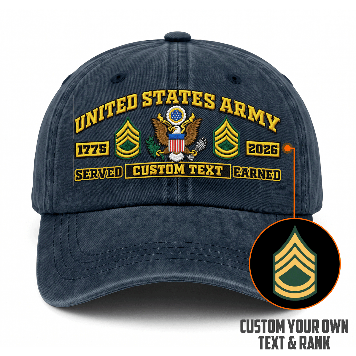 Personalized Army Washed Hat Custom Military Rank and Text