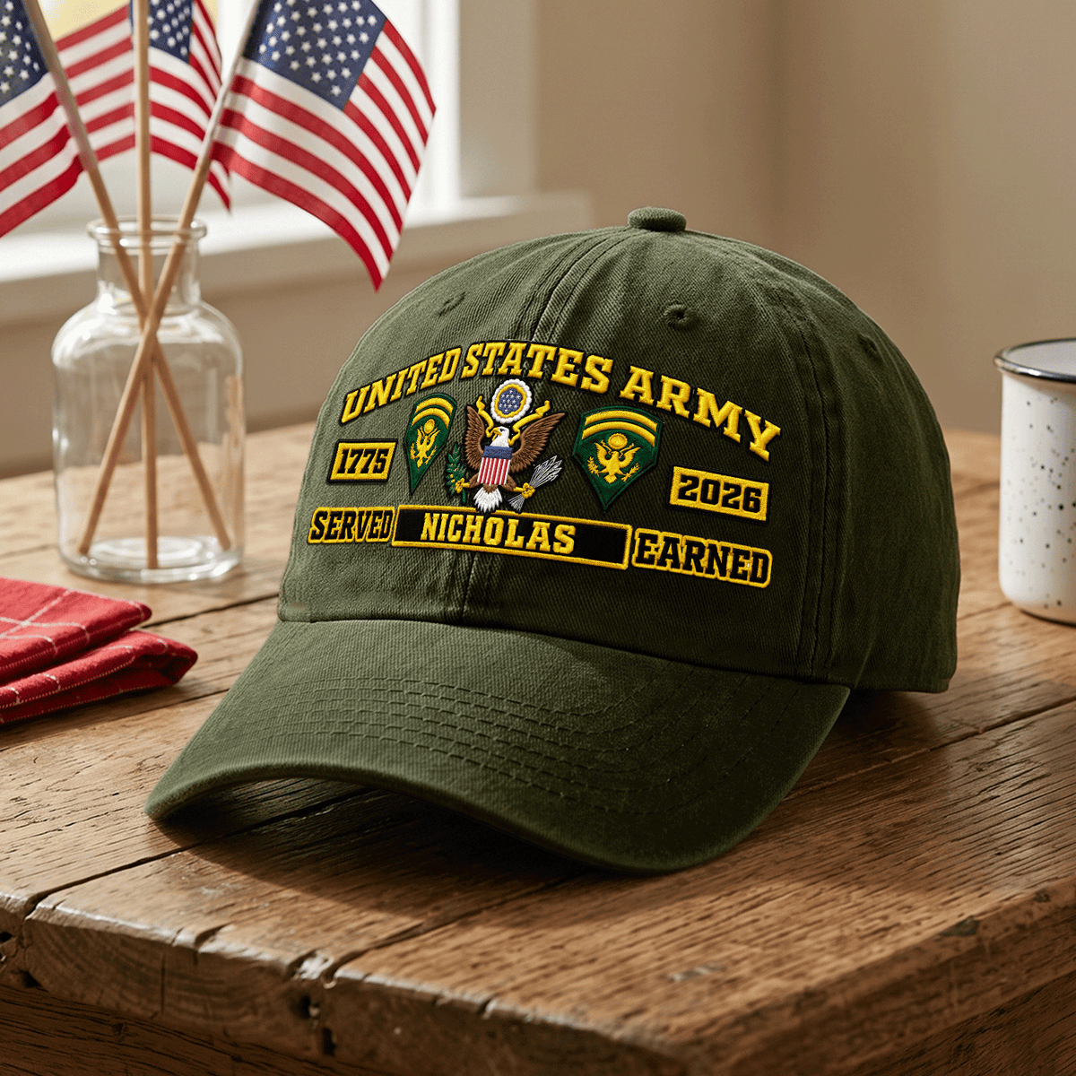 Personalized Army Washed Hat Custom Military Rank and Text