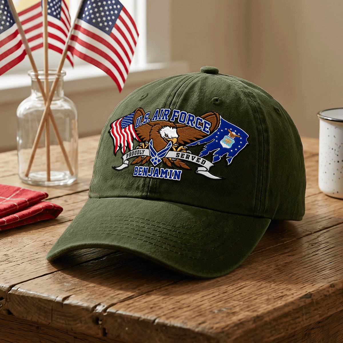 Personalized Air Force Washed Hat Custom Military Rank and Text