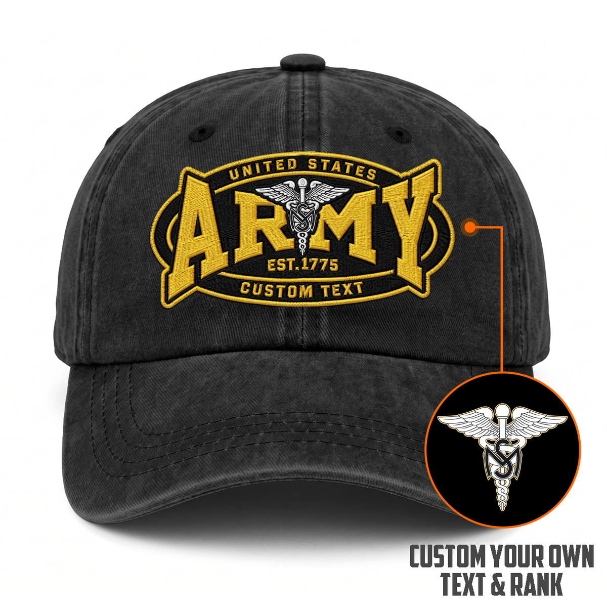 Personalized Military Washed Cap U.S. Army Custom Rank and Text