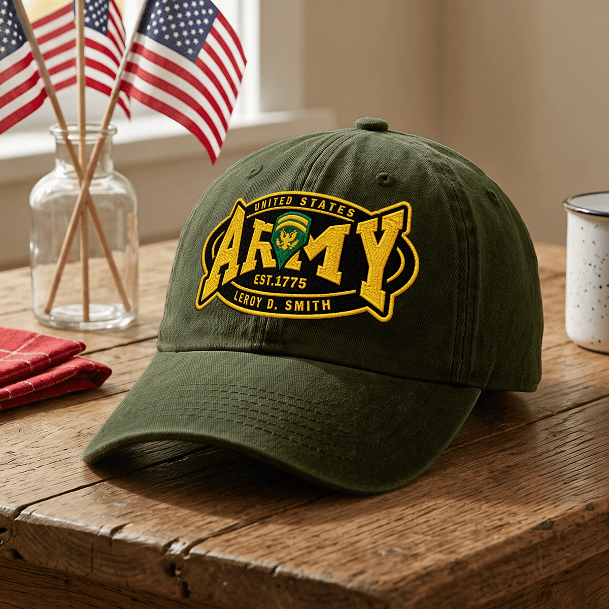 Personalized Military Washed Cap U.S. Army Custom Rank and Text