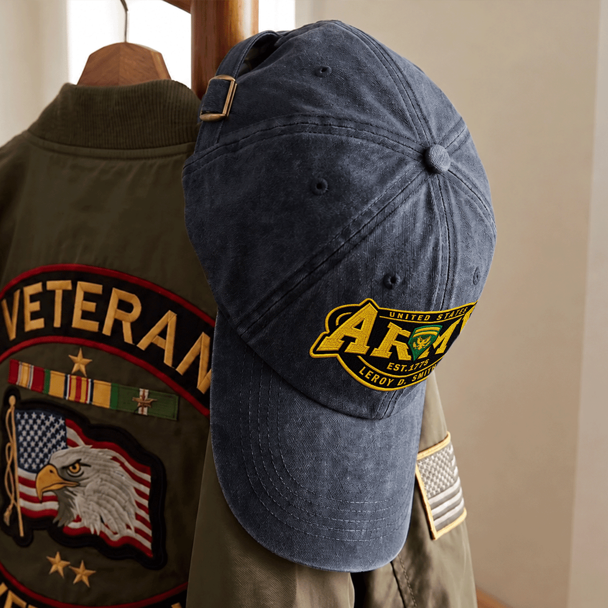 Personalized Military Washed Cap U.S. Army Custom Rank and Text