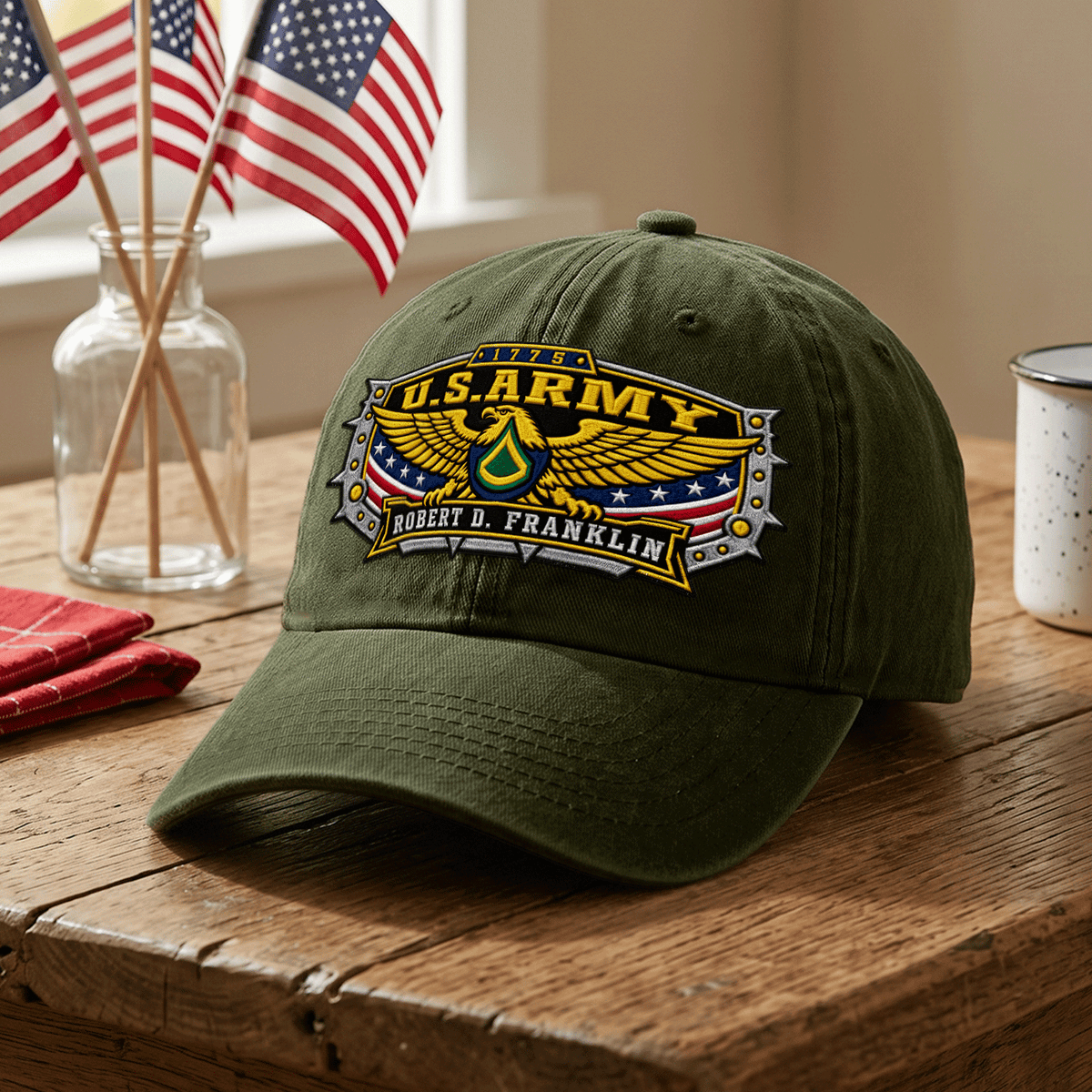 Army Veteran Embroidered Cap Custom Rank and Personalized Text