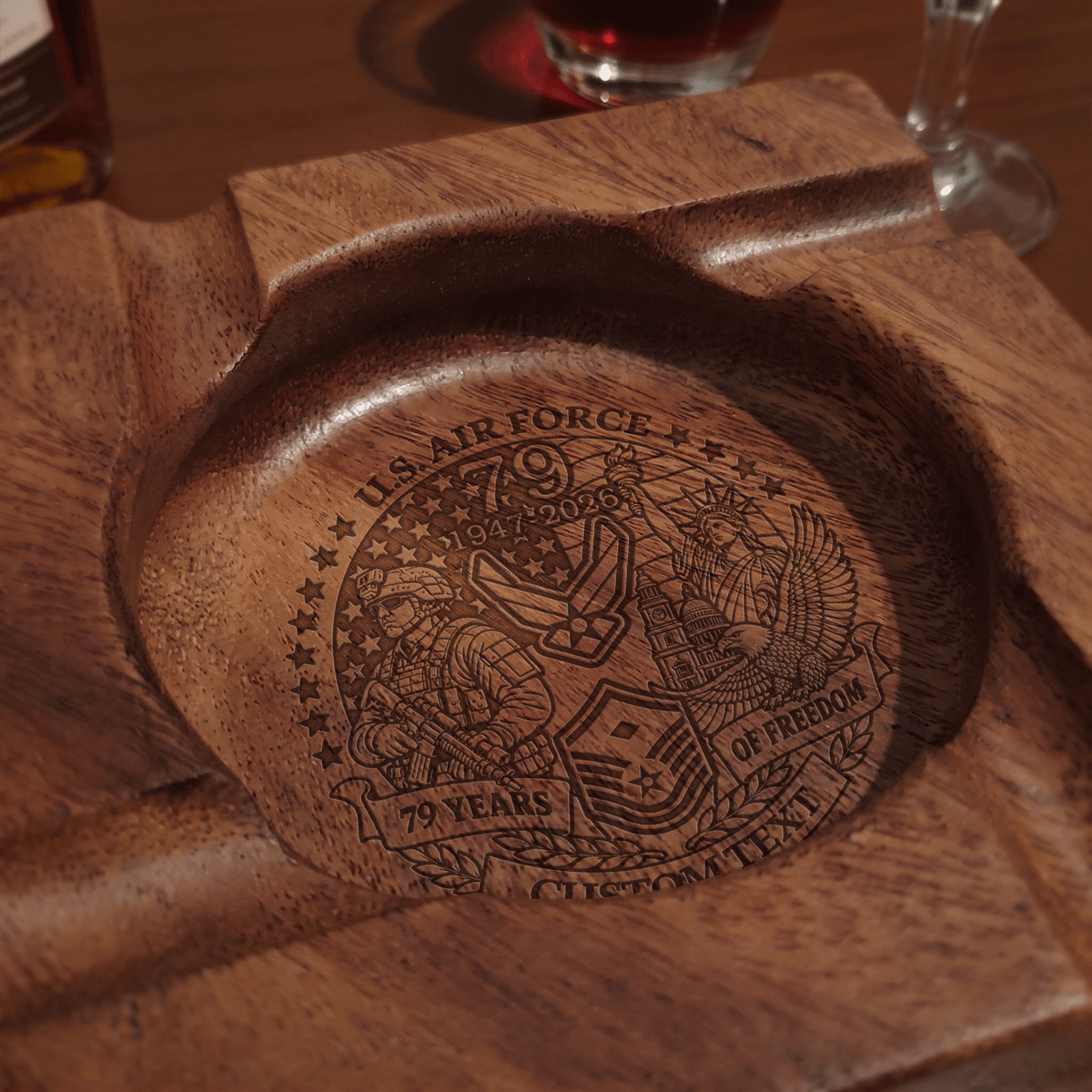 Personalized U.S. Air Force Wooden Cigar Ashtray Custom Rank and Text