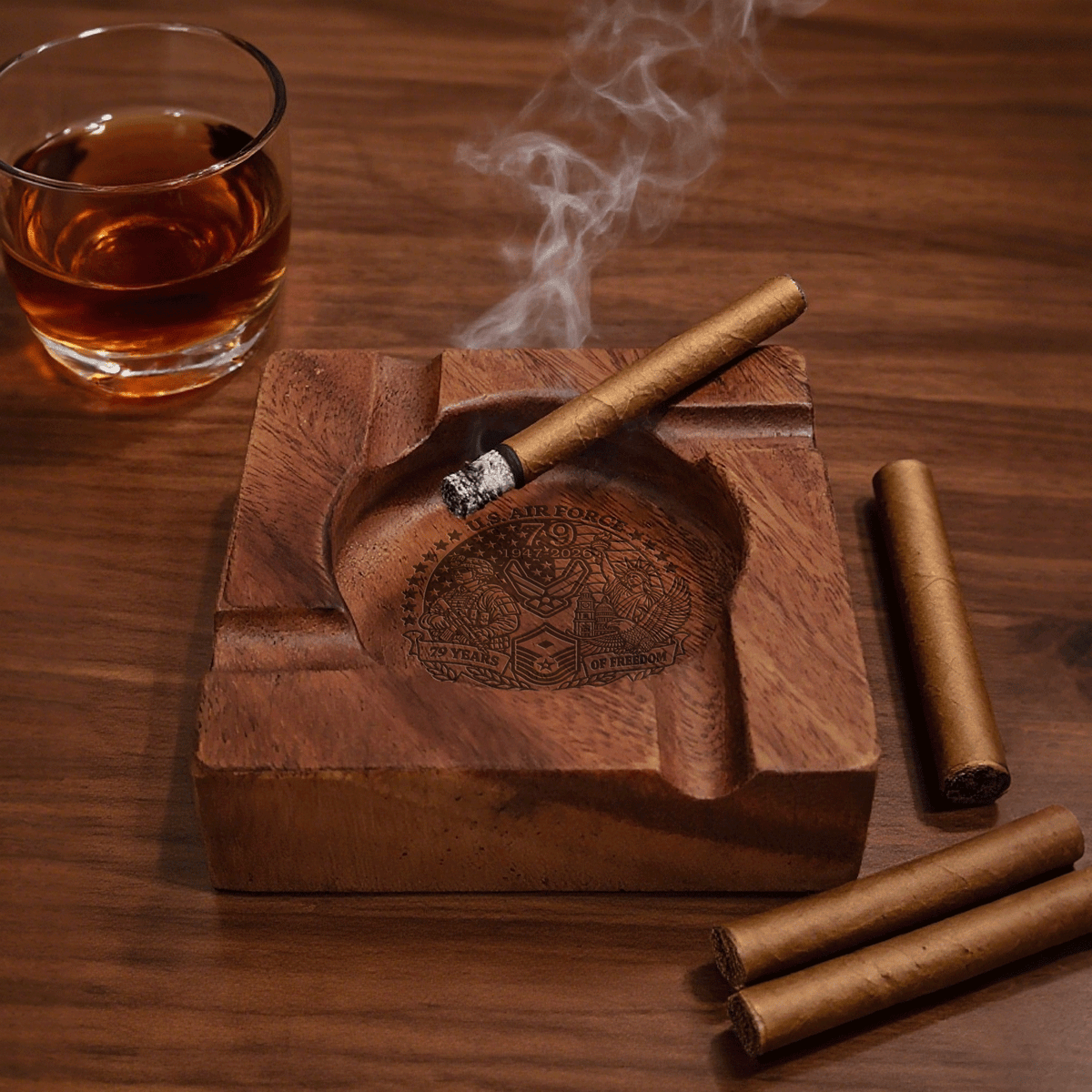 Personalized U.S. Air Force Wooden Cigar Ashtray Custom Rank and Text