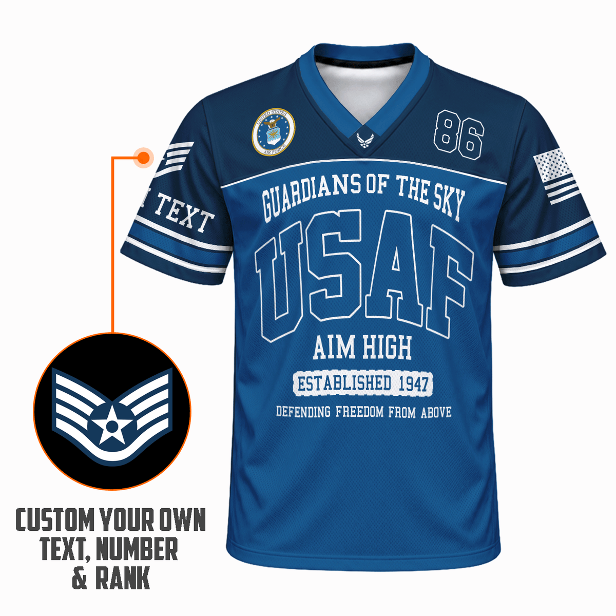 Personalized U.S. Air Force Sports Jersey Custom Rank Text and Jersey Number