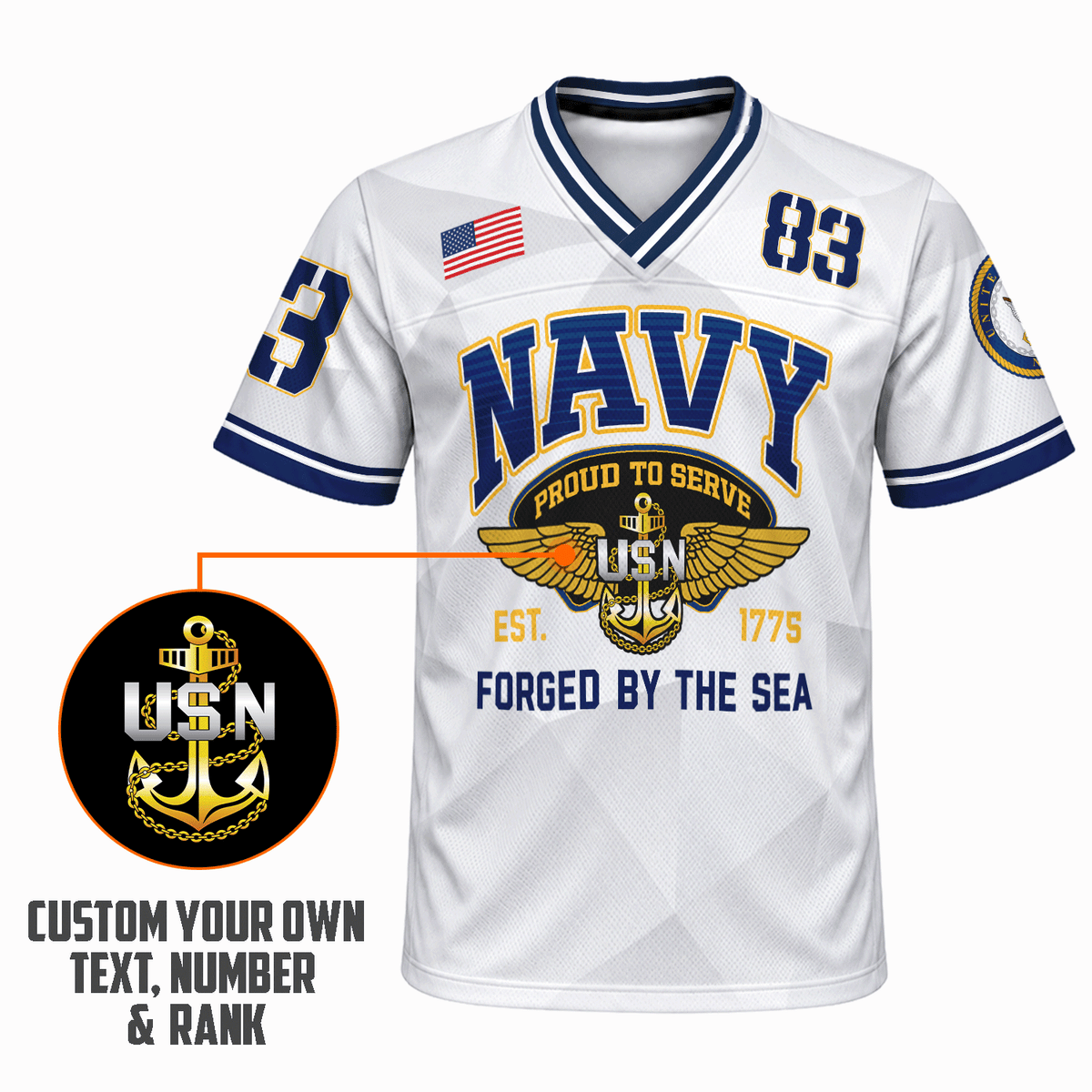 Custom Navy Veteran Sports Jersey Personalized Rank Number and Text