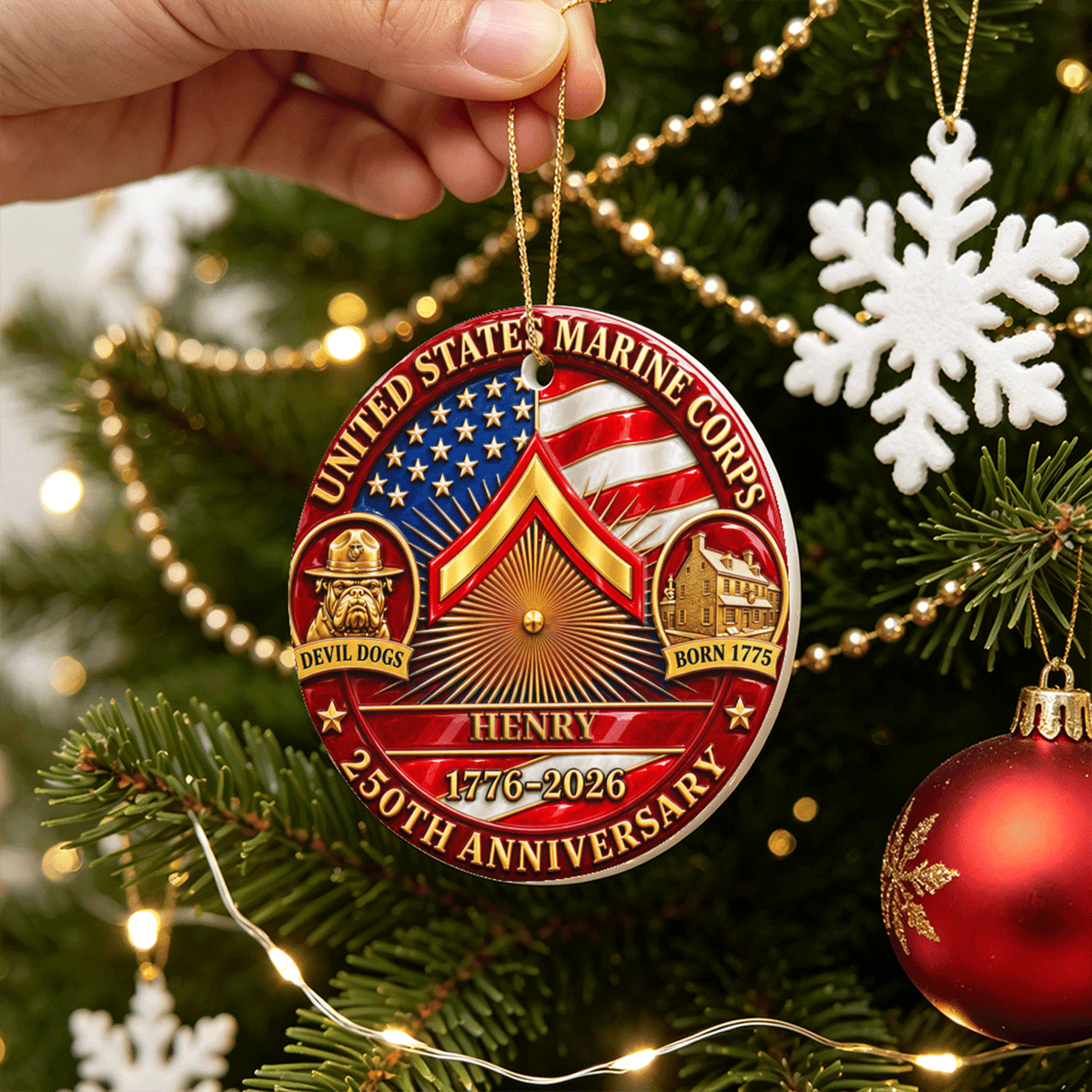 U.S. Marine Corps Ceramic Ornament Personalized Rank Text Veteran Gift
