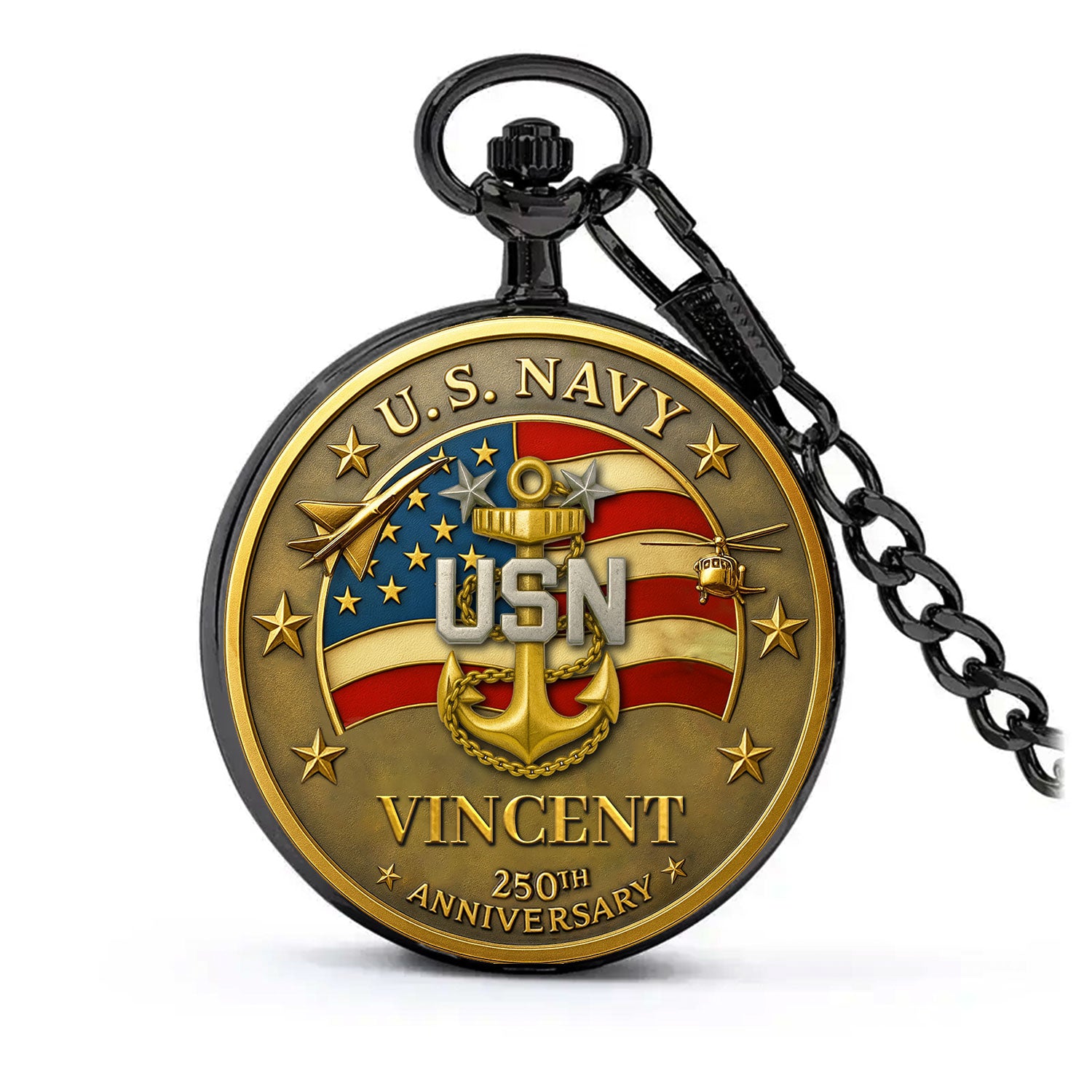 Personalized US Navy 250th Anniversary Custom 3D Effect Printed Pocket Watch