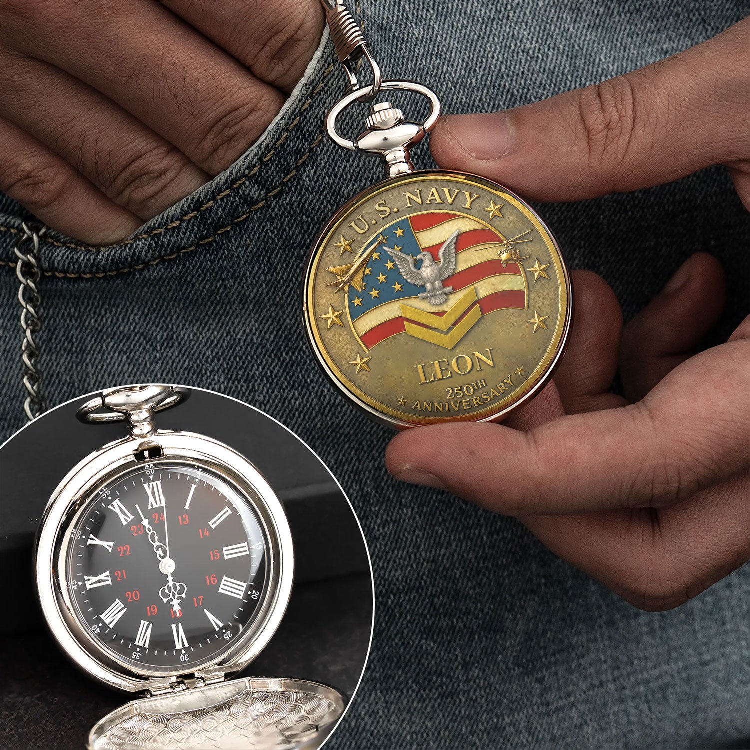 Personalized US Navy 250th Anniversary Custom 3D Effect Printed Pocket Watch