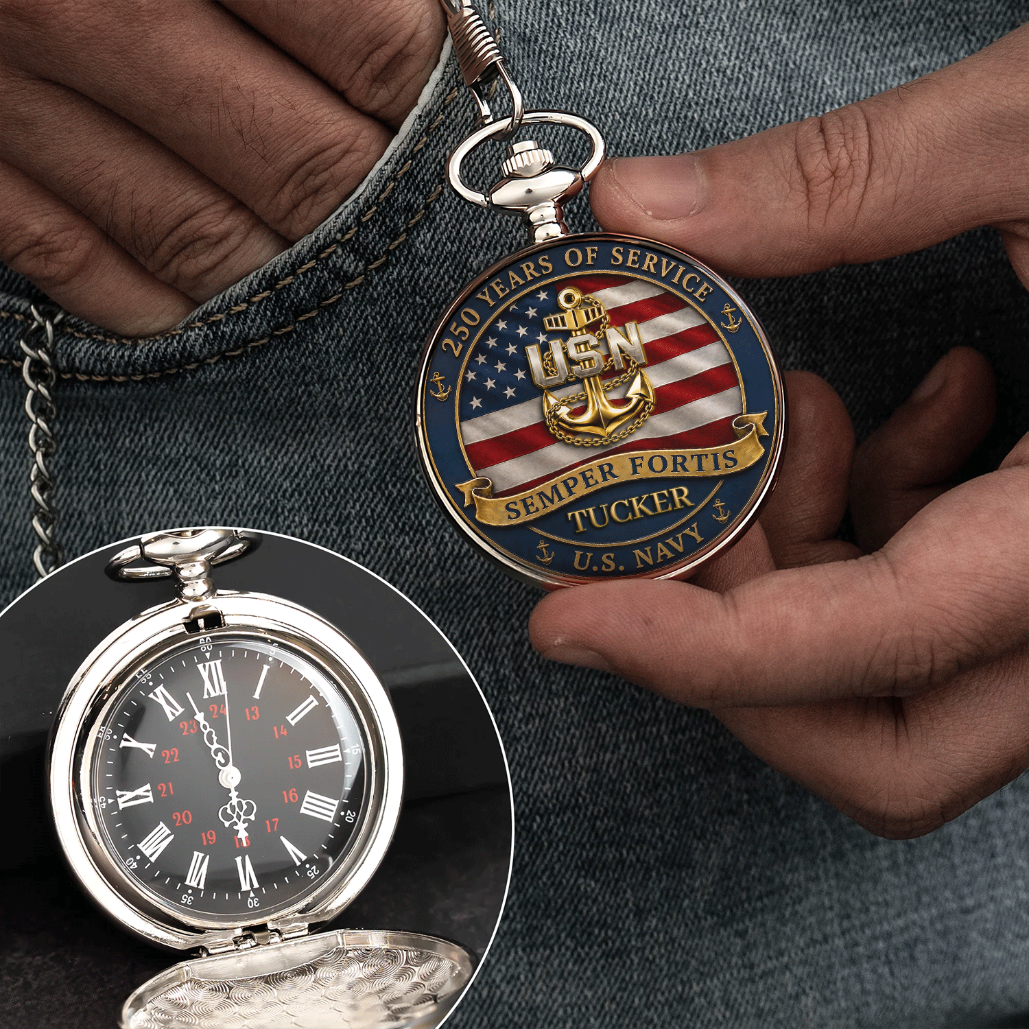 Personalized US Navy Service Pocket Watch Custom Text Gift