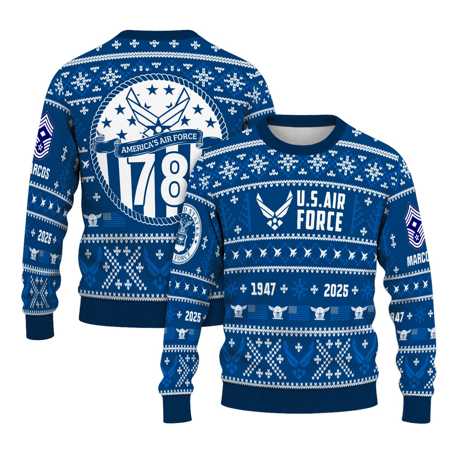 Custom Ranks And Text US Air Force Ugly Christmas Sweater for Women Men KAUST01