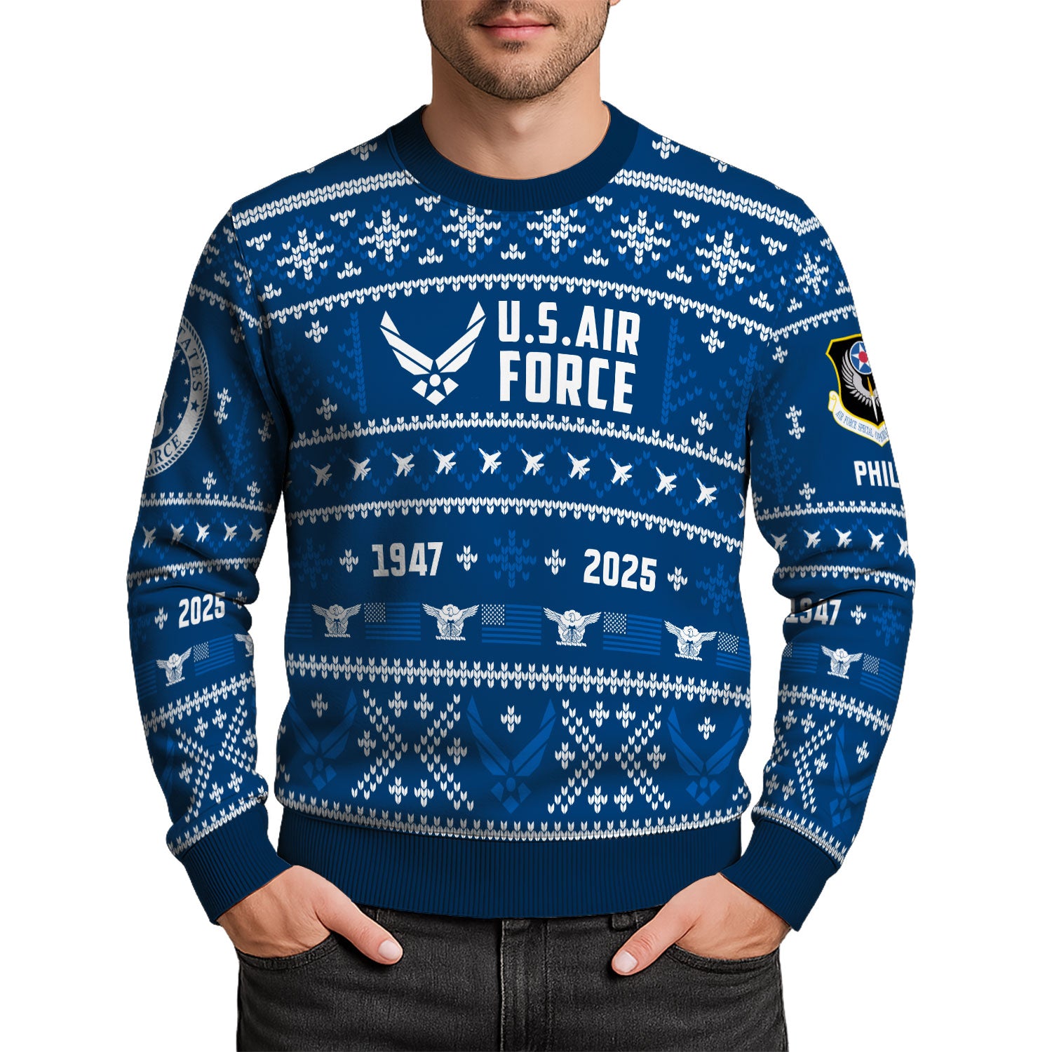 Custom Ranks And Text US Air Force Ugly Christmas Sweater for Women Men KAUST01