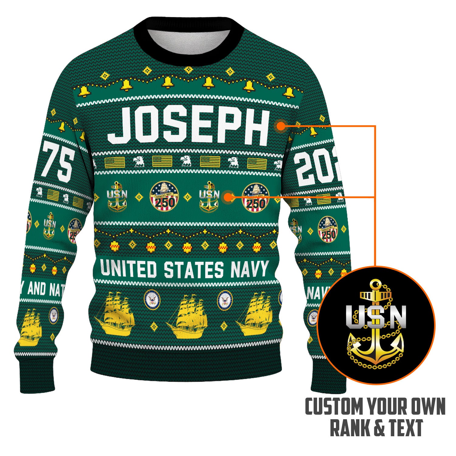 Custom Ranks And Text US Navy Ugly Christmas Sweater for Women Men KAUST03