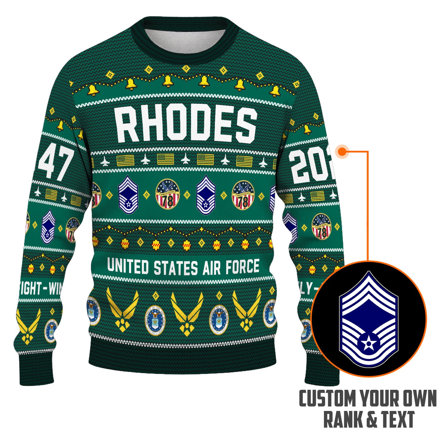 Custom Ranks And Text US Air Force Ugly Christmas Sweater for Women Men KAUST03