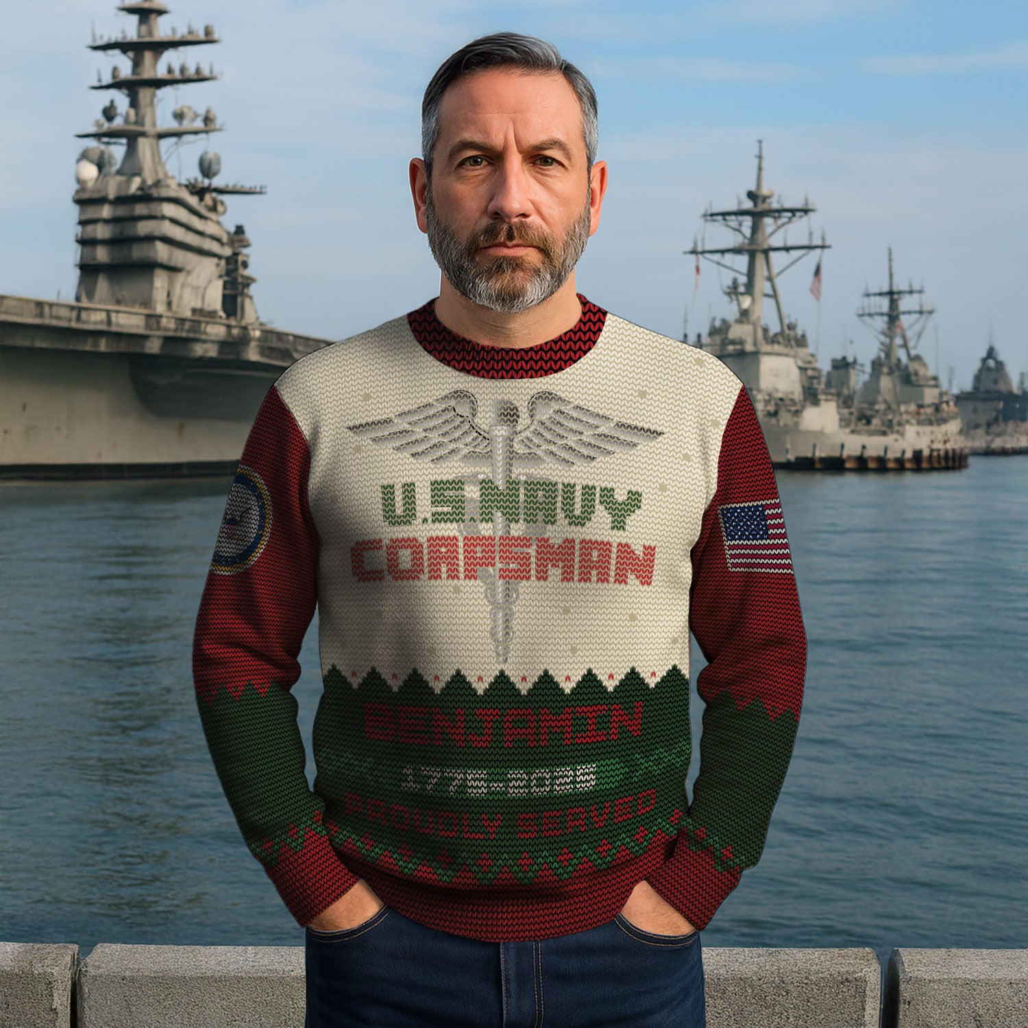 Custom Ranks And Text US Navy Ugly Christmas Sweater for Women Men KAUST07