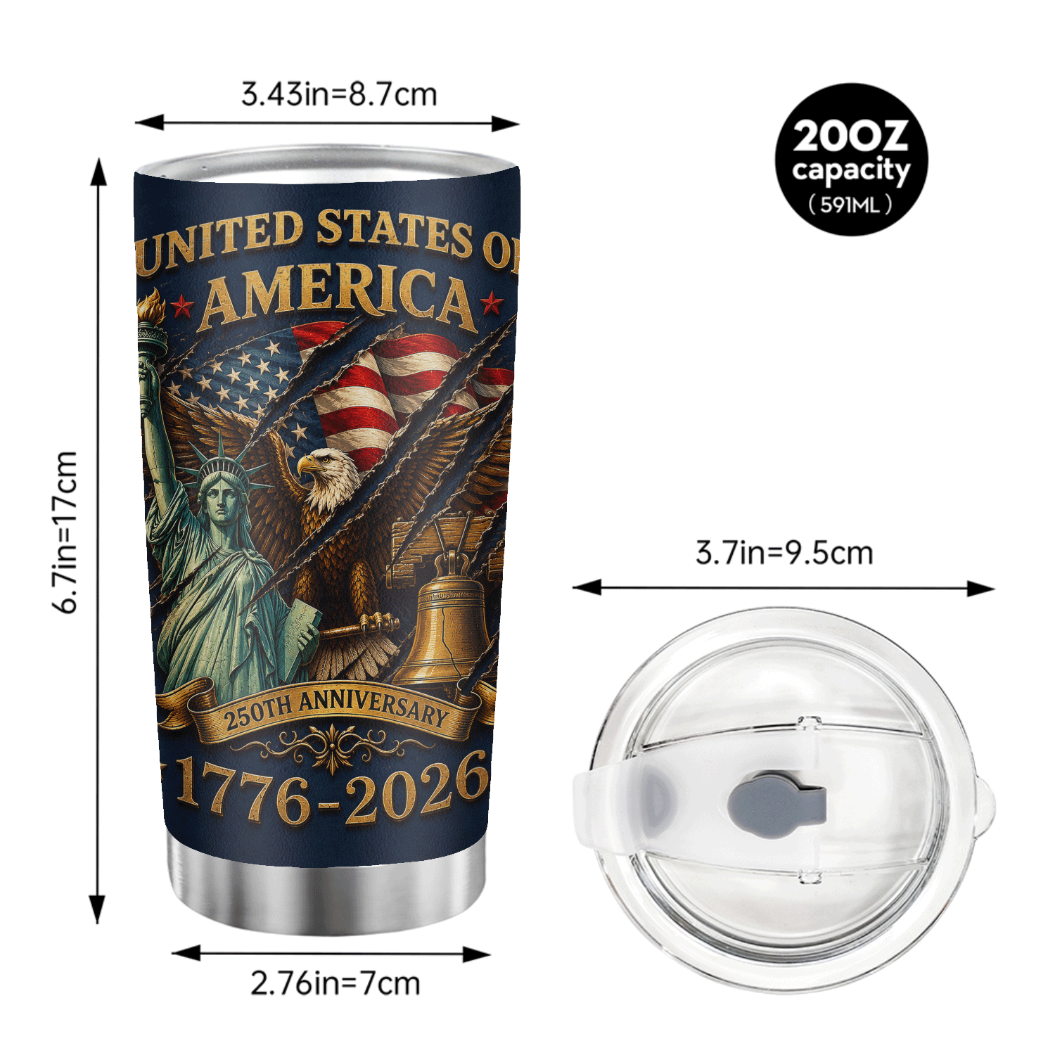 USA 250th Anniversary Statue of Liberty Eagle 20oz Tumbler