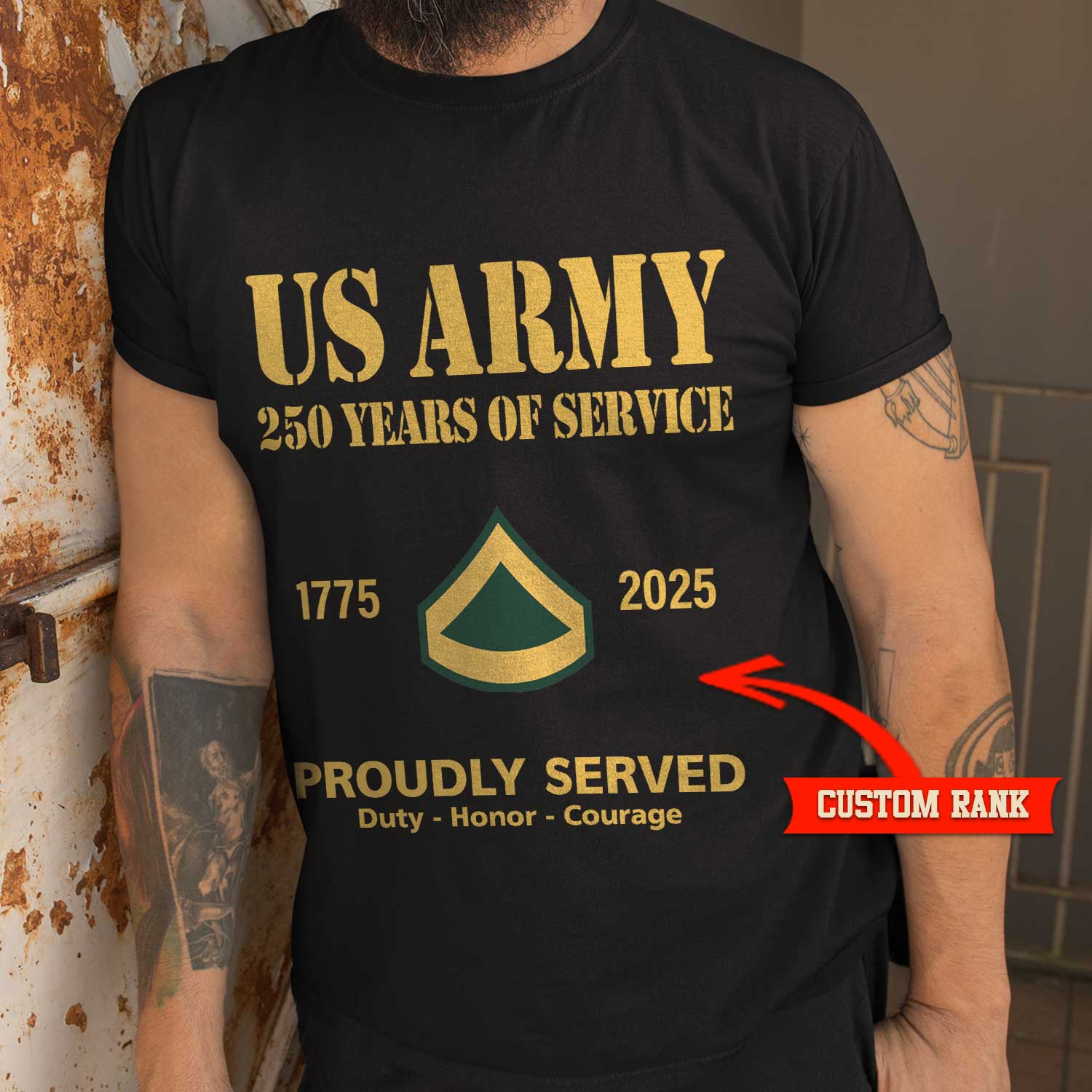 US Army 250 Years Of Service Custom Ranks/Insignia Front T-Shirt