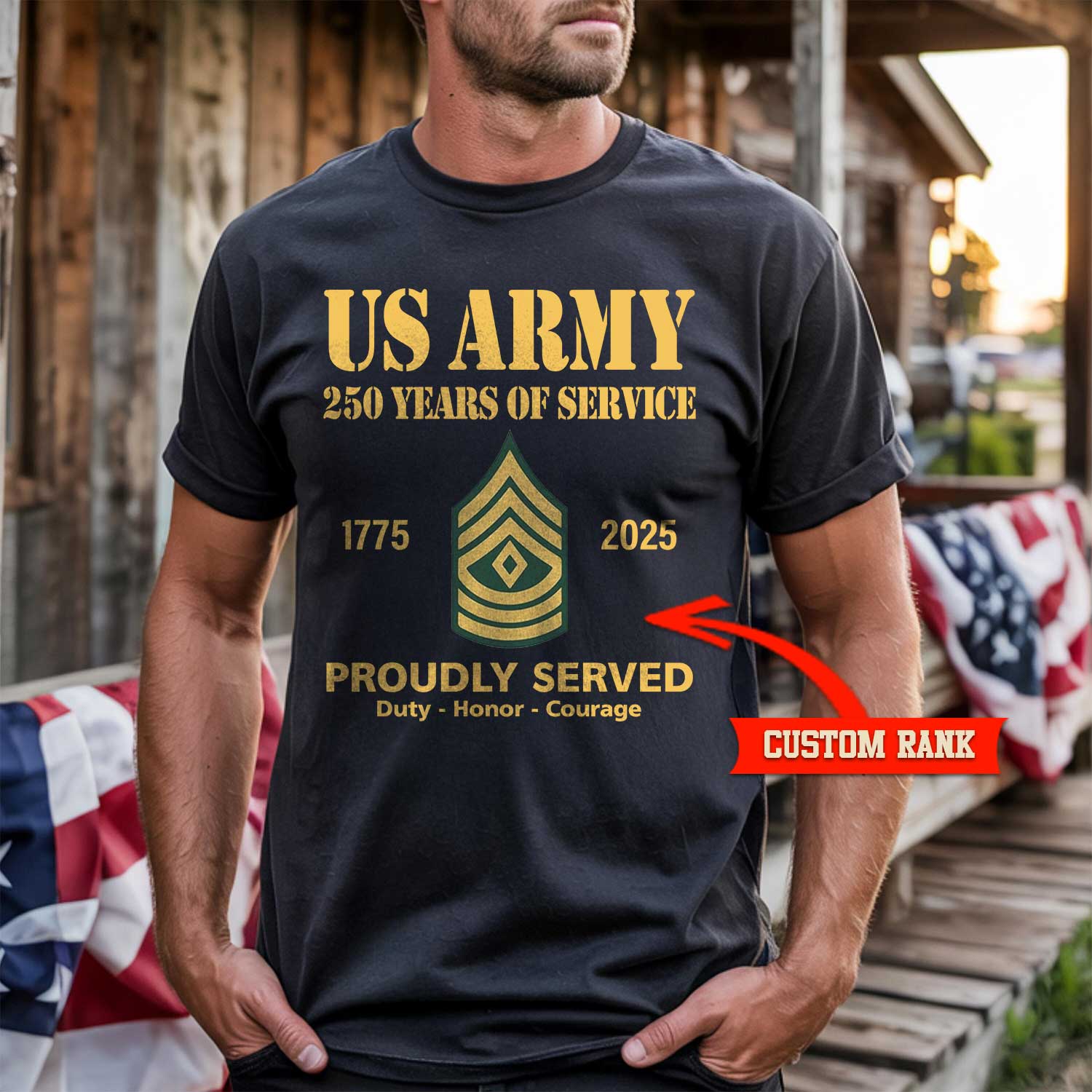 US Army 250 Years Of Service Custom Ranks/Insignia Front T-Shirt