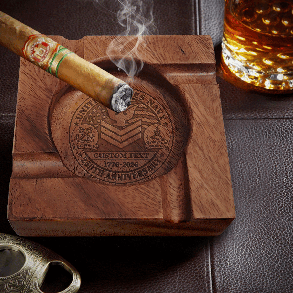 U.S. Navy Wooden Cigar Ashtray Personalized Rank and Custom Text