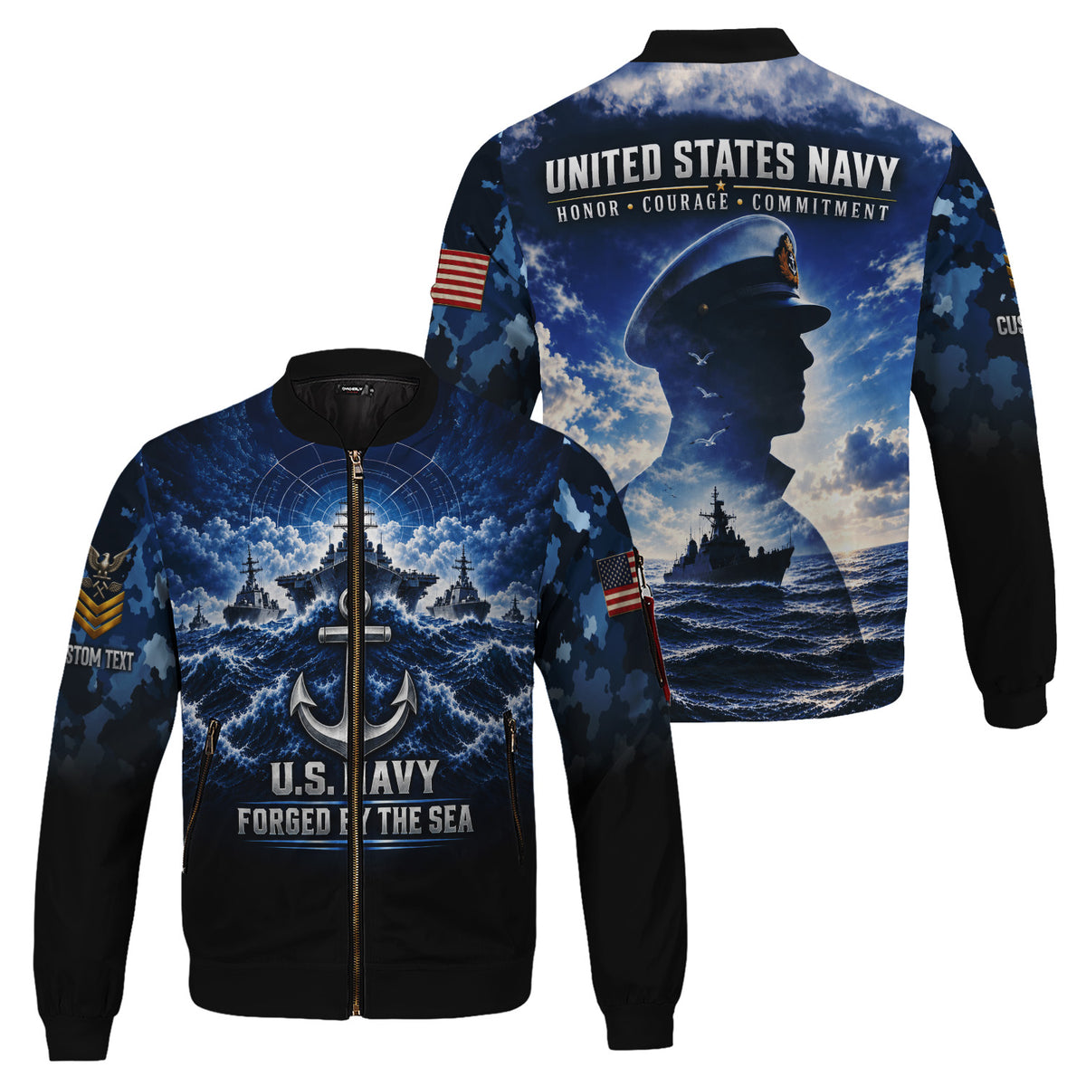 Custom US Navy Bomber Jacket Personalized Name Rank for Veterans