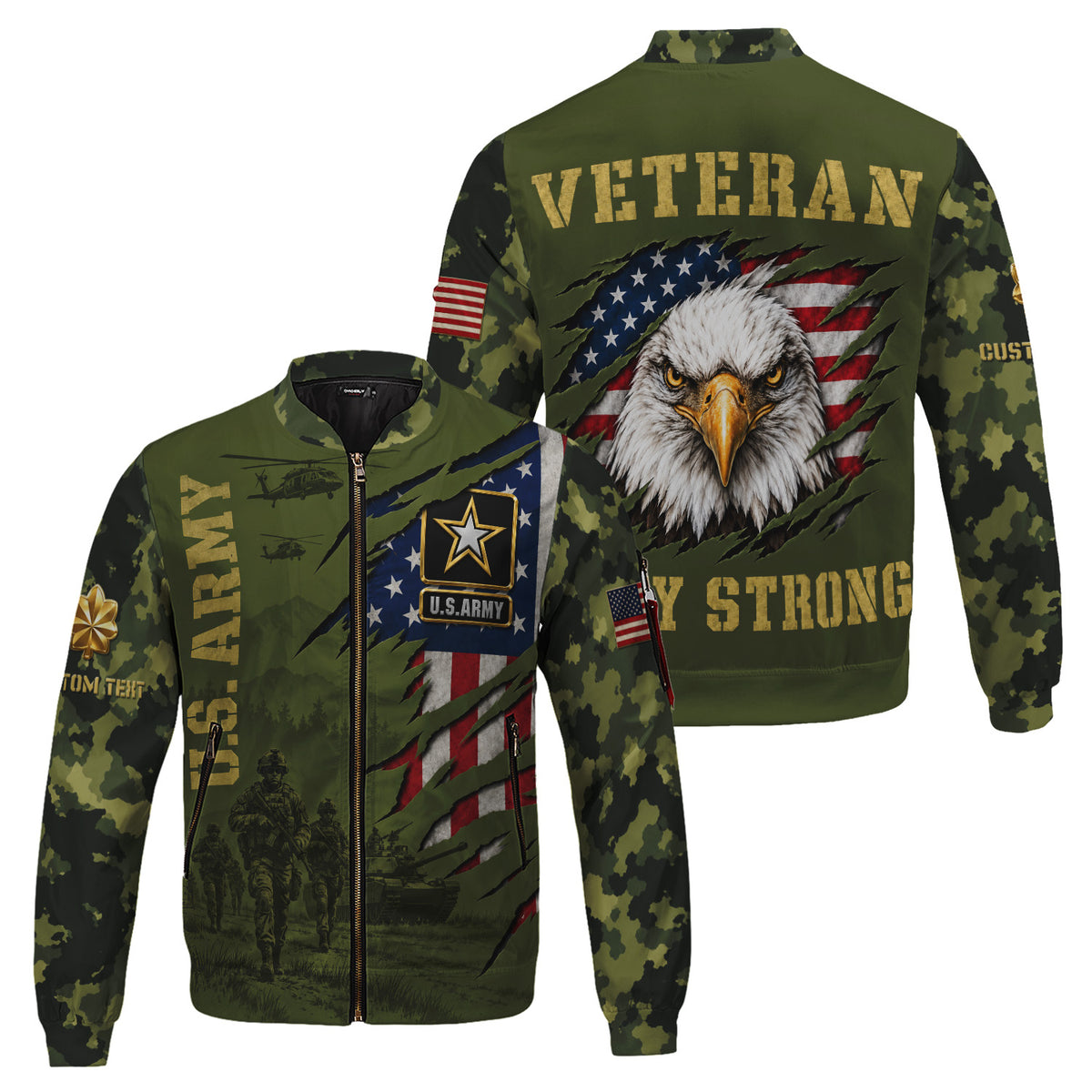 Personalized U.S. Army Bomber Jacket Custom Rank & Text Veteran Gift