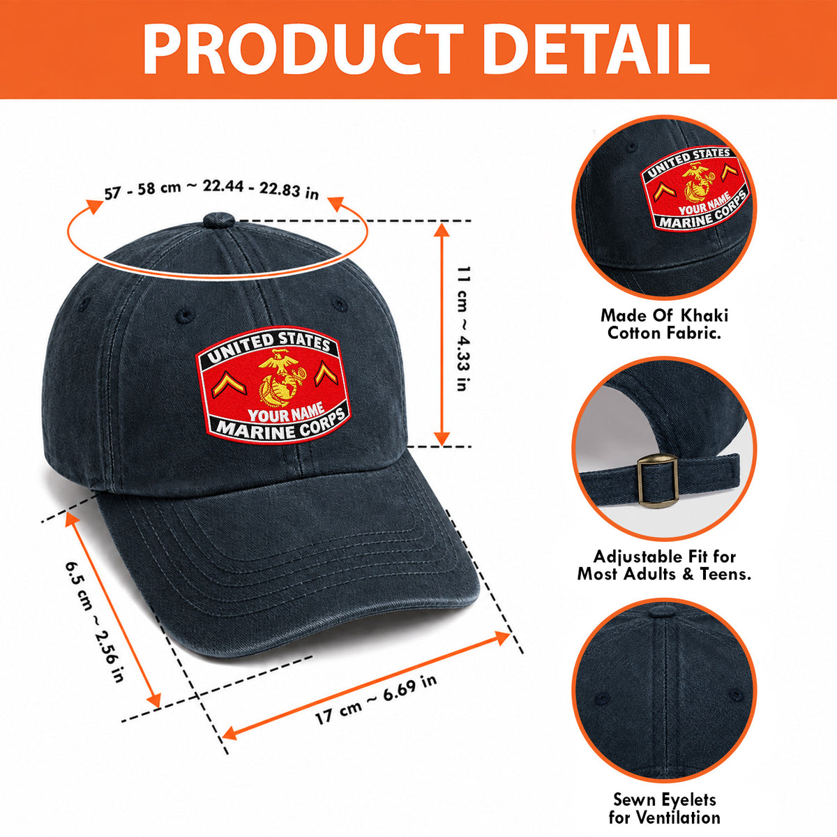 Personalized USMC Cotton Cap Custom Rank and Text