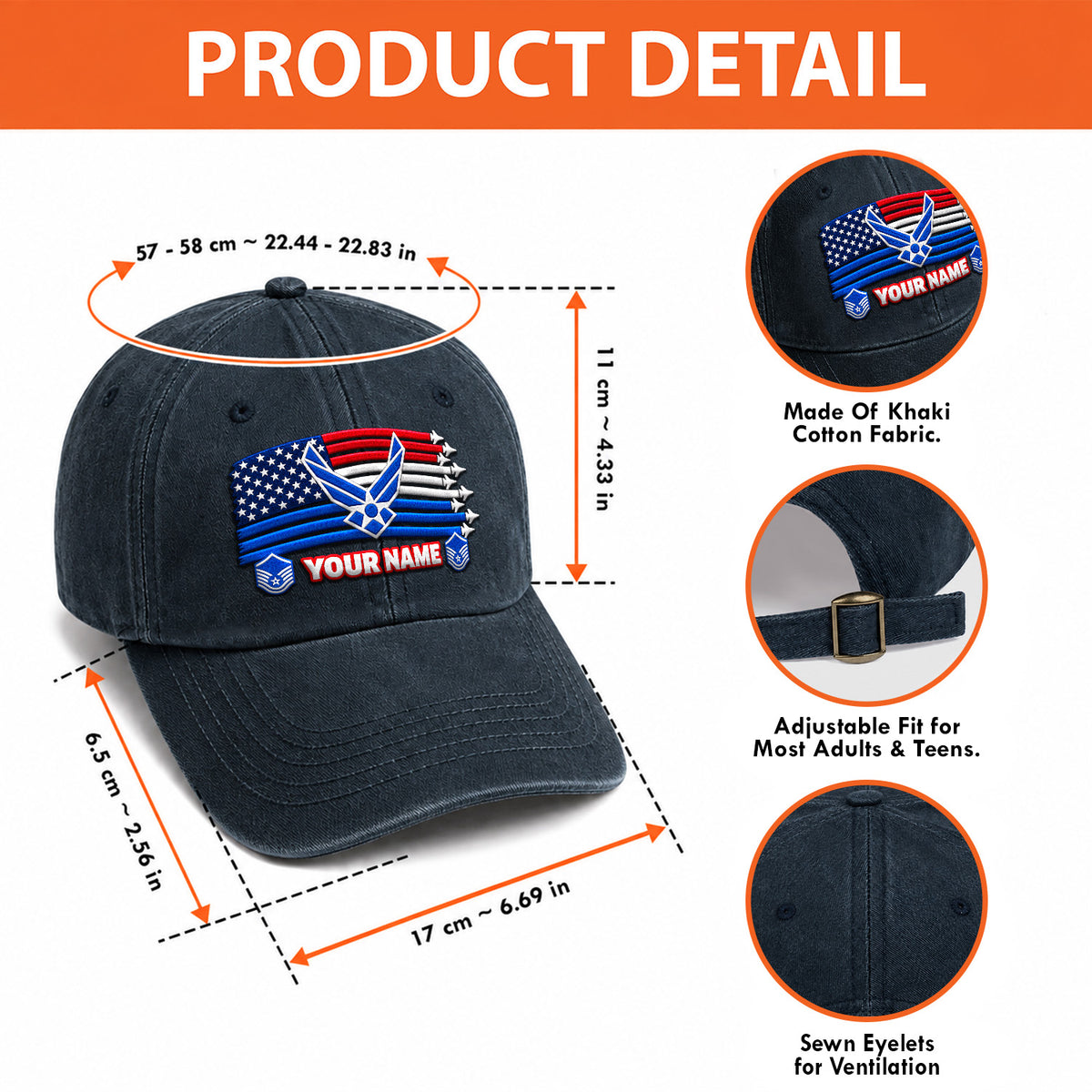 U.S. Air Force Embroidered Cap Custom Rank Text Veteran Gift