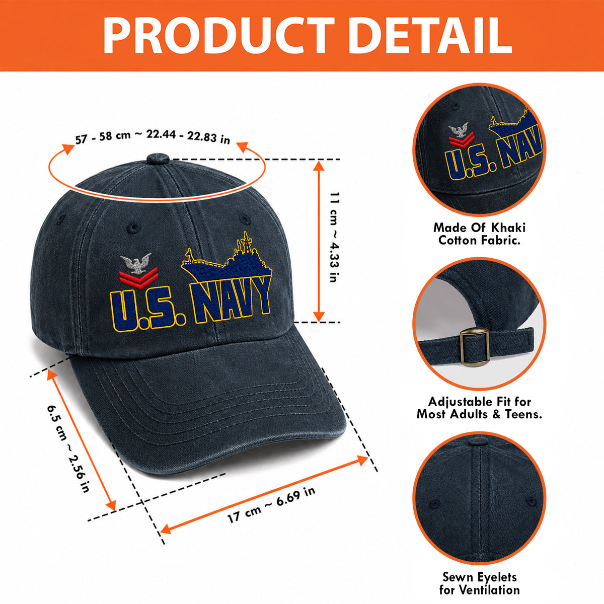 Personalized U.S. Navy Embroidered Washed Cap Custom Rank and Text
