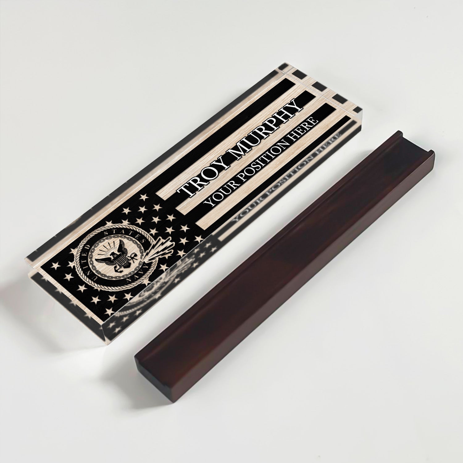 Custom US Navy Black & White Flag Desk Nameplate for Sailors, Veterans & Retirees