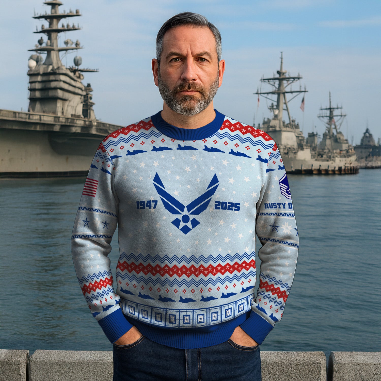 Custom Ranks And Text US Air Force Ugly Christmas Sweater for Women Men KRUST02