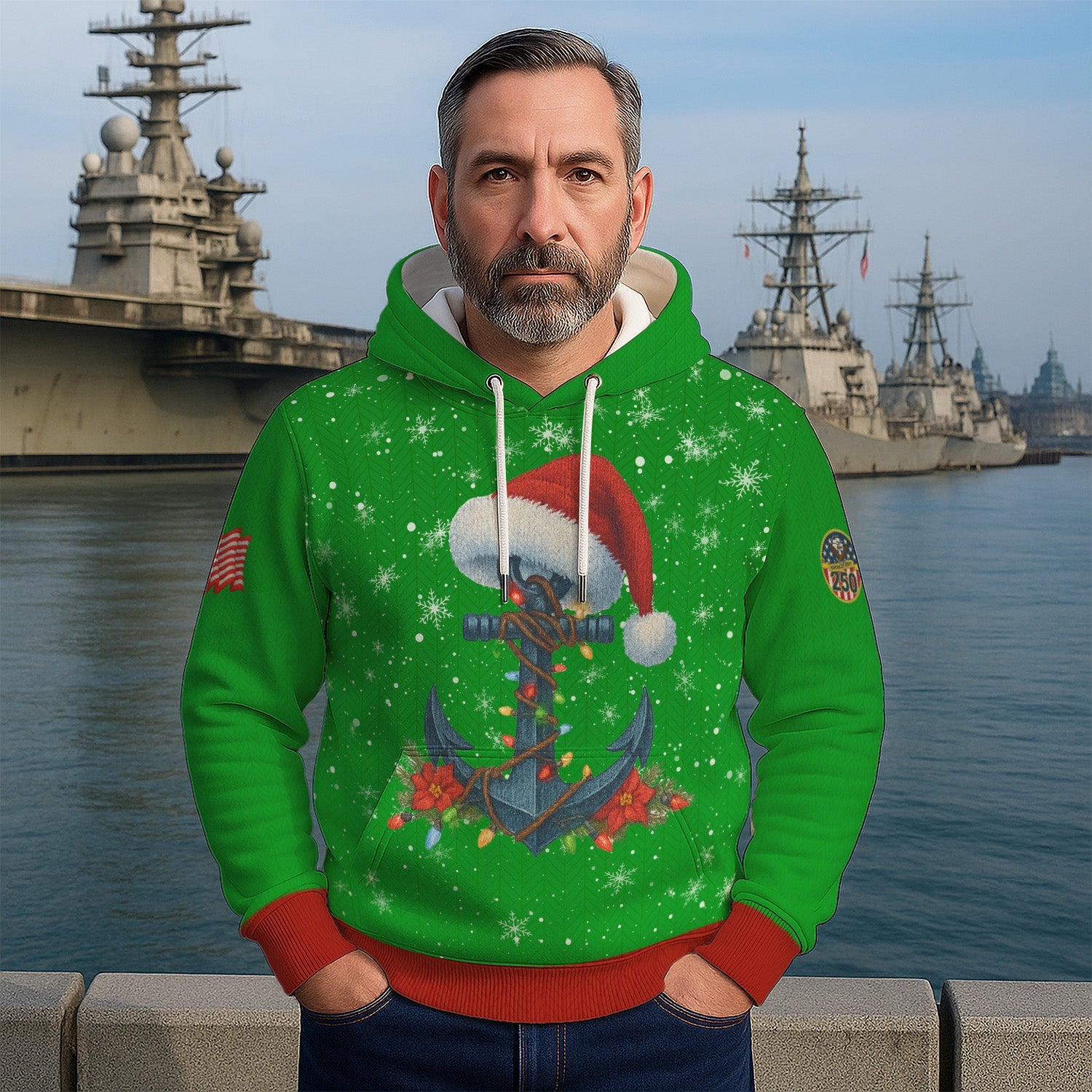 US Navy 3D All Over Print Hoodie Anchor Xmas Hat