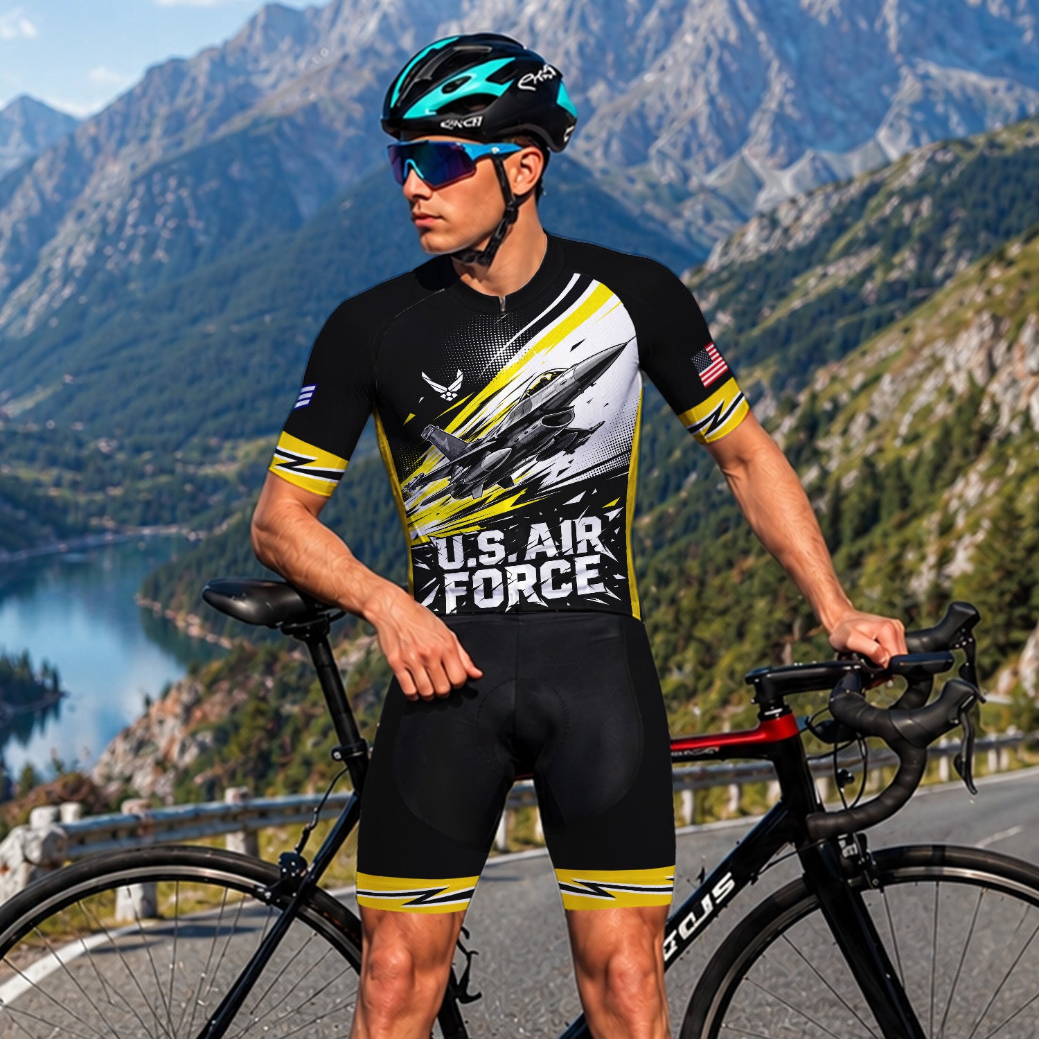 Custom USAF Cycling Jersey Personalized Name Rank Veteran Bike Shirt