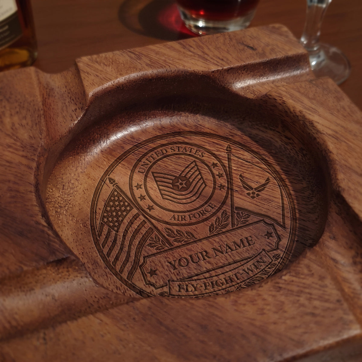 U.S. Army Walnut Cigar Ashtray Custom Military Rank and Text
