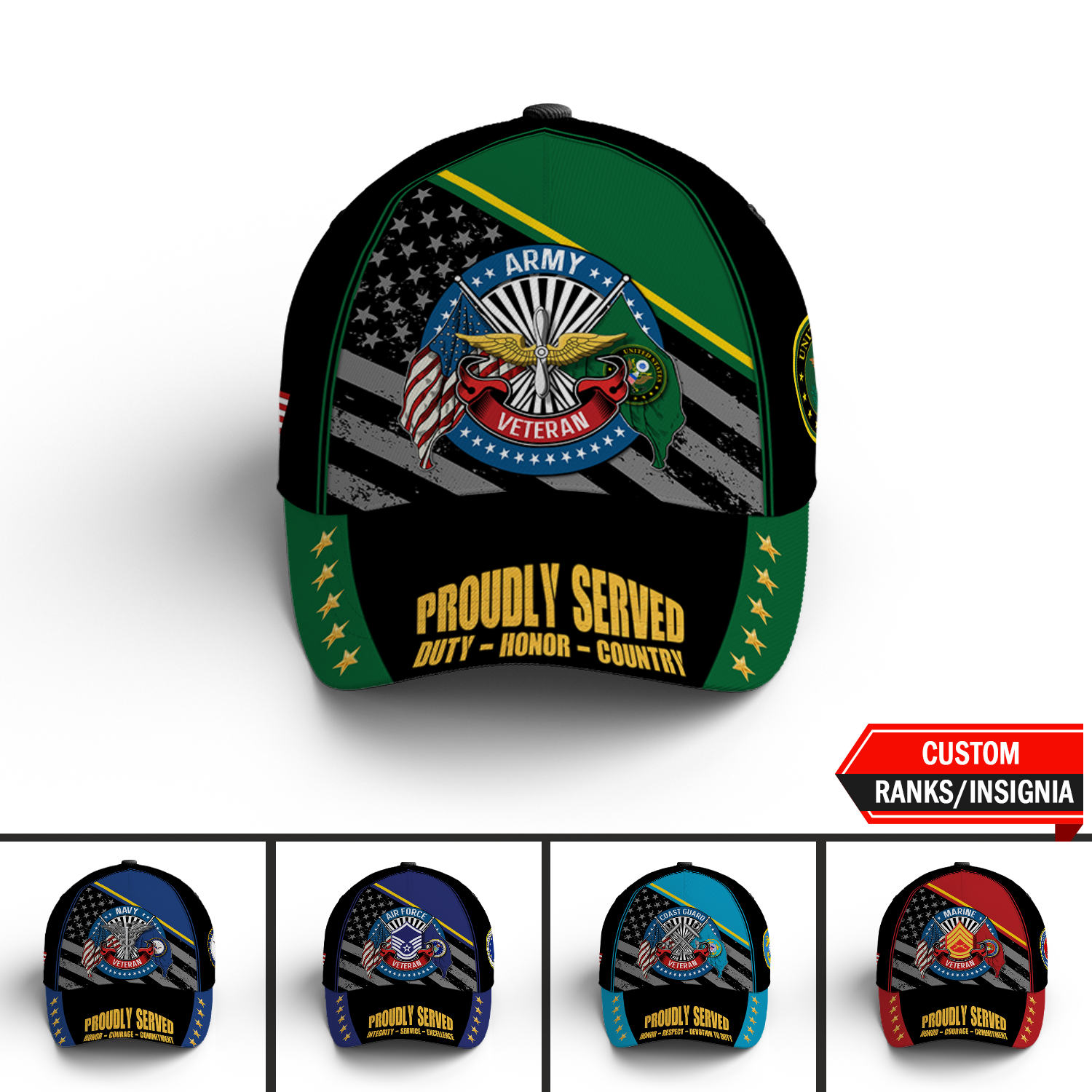 Custom Ranks/Insignia, Personalized Name And Years Served All Over Prints Premium Classic Cap KAOVC07