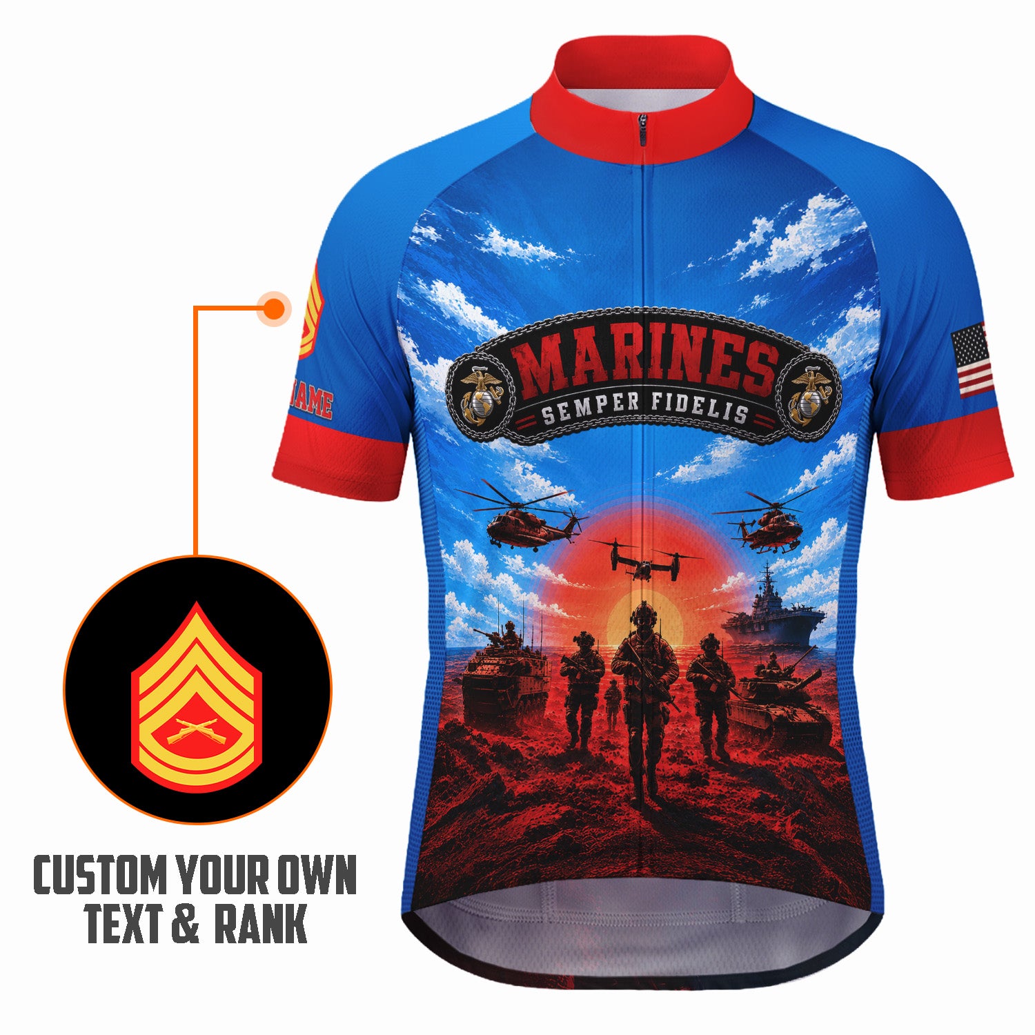 Custom Marine Corps Cycling Jersey Personalized Name & Military Rank