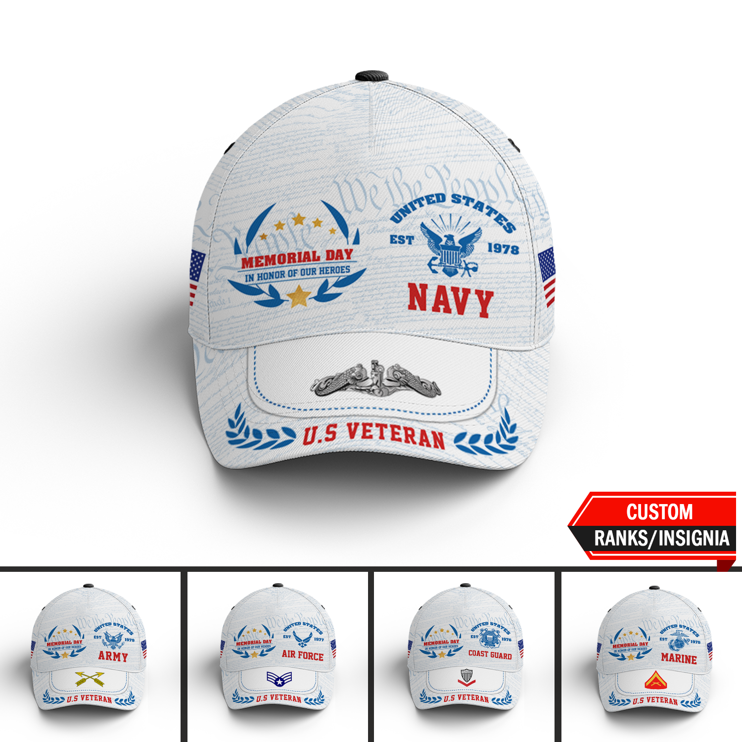 Custom Ranks/Insignia, Personalized Name And Years Served All Over Prints Premium Classic Cap KAOVC15